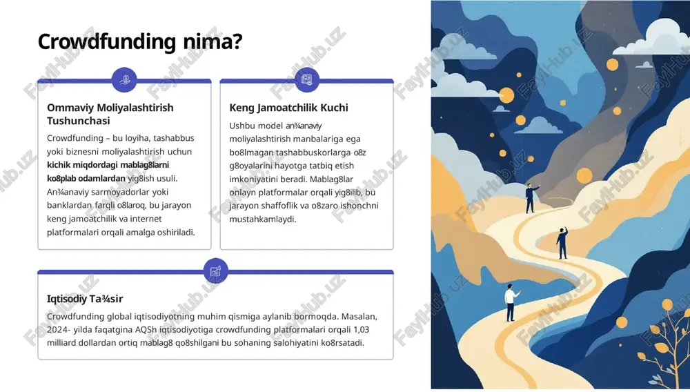 rda mablag8 yig8uvchi (biznes yoki shaxs) sarmoyadorlardan qarz oladi va uni ma¾lum bir foiz bilan belgilangan muddatda qaytarishni majburiyatini oladi. bu an¾anaviy bank kreditiga o8xshaydi, lekin ko8p sonli shaxslar ishtirok etadi. aktsiya asosidagi investorlar yig8ilgan mablag8 evaziga kompaniyaning aktsiyalari yoki ulushlariga egalik qilish huquqini oladi. bu xuddi venchur sarmoyasiga o8xshaydi, faqat investorlar soni ko8proq va miqdori kichikroq bo8ladi. bu eng murakkab va tartibga solinadigan turdir. platformalarning asosiy xususiyatlari va mexanizmi 1 loyiha joylashtirish va maqsadni beligilash crowdfunding platformasi mablag8 yig8uvchiga o8z loyihasini batafsil taqdim etish imkonini beradi. kampaniya uchun aniq moliyaviy maqsad va muddat (deadline) belgilanadi. taqdimot sifati va hikoya qilish mahorati homiylarni jalb qilishda hal qiluvchi rol o8ynaydi. 2 mukofotlar va takliflar mukofotga asoslangan modellarda loyiha egasi turli miqdordagi mablag8 uchun turli xil mukofot darajalarini taklif qiladi (masalan, 10$ ga nomingizni aytish, 100$ ga mahsulotning birinchi nusxasini olish). 3 platforma komissiyasi platformalar o8z xizmatlari uchun odatda muvaffaqiyatli yig8ilgan mablag8ning …
