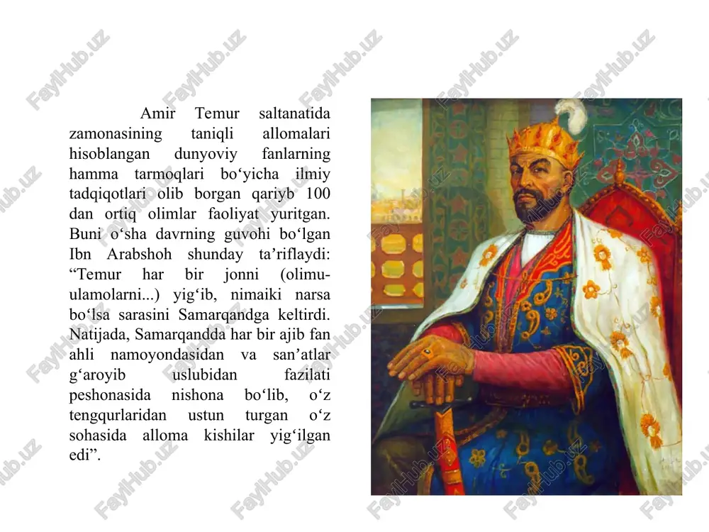 a esa shohrux mirzo ham temurning ilm-fan va maʼrifat sohasidagi saʼy-harakatlarini olib butun xurosondagi eng katta kutubxonani tashkil etadi. temur saltanatining har ikkala ulkan kutubxonasida nafaqat arab va turk tillarida, balki fors, lotin va yunon tillaridagi eng nodir asarlar toʻplangan ediki, bu asarlardan foydalanib ishlagan olimlar keyinchalik samarqandda mirzo ulugʻbek shakllantirgan ulkan ilmiy akademiyaning aʼzolari boʻlib, ilmu faoliyatlari bilan jahonga tanilgan yirik va mashhur olimlar boʻlib yetishadi. xirotda esa ana shu saʼy-harakatlarning davomi va xirot kutubxonasining tarkibiy qismi tarzida pirovardida husayn boyqaro va alisher navoiy davrida kamoliddin behzod rahbarlik qilgan “sanʼat akademiyasi” – “nigariston” vujudga kelgan edi. uzoq bursa shahridan samarqandga yaxlit bir kutubxonani koʻchirib kelish faqat temur maʼnaviyatiga xos tafakkur edi. temurning fikricha, “kitob barcha bunyodkorlik, yaratuvchanlik va aql-idrokning, ilmu donishning asosi, hayotni oʻrnatuvchi murabbiydir”. garchi bu satrlar temur nomidan xalq tilida aytilgan rivoyatlarda keltirilgan boʻlsa-da, u temur maʼnaviyatiga tamoman mos keladi. chunki uning oʻgitlarida “yozilgan narsa avlodlar xotirasida …