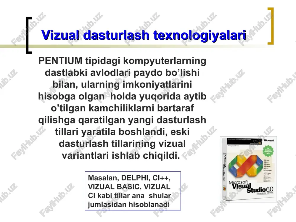 button2; radiogroup1; listbox1; shape1; colorbox1; image1. trackbar1; trackbar2; progressbar1; dasturni tuzilishi quyidagicha: mainmenu1 komponentasi menyu yaratish uchun xizmat qiladi. uning qism menyularining vazifalari quyidagicha: yakunlash qism menyusi dastur ishini yakunlash uchun xizat qiladi. procedure tform1.yakunlash1click(sender: tobject); begin form1.close; end; royhatganatijaniqoshish qism menyusi natijani ro`yhatga qo`shish uchun hizmat qiladi. procedure tform1.royhatganatijaniqoshish1click(sender: tobject); begin listbox1.items.add(edit3.text); end; royhatnitozalash qism menyusi ro`yhat oynasidagi yozuvlarni tozalaydi. procedure tform1.royhatnitozalash1click(sender: tobject); begin listbox1.items.clear; end; birinchi va ikkinchi sonni qo’shish knopkasi birinchi matnli oynadagi sonni ikkinchi matnli oynadagi songa qo`shib natija oynasida ularni yig`indisini hosil qiladi. procedure tform1.button1click(sender: tobject); begin edit3.text:qinttostr(strtoint(edit1.text)qstrtoint(edit2.text)); end; rang oynasda to`g`ri to`rtburchakni mos ravishda qizil ko`k va yashil ranglarga bo`yash mumkin. procedure tform1.radiogroup1click(sender: tobject); begin case radiogroup1.itemindex of 0: shape1.brush.color:qclred; 1: shape1.brush.color:qclblue; 2: shape1.brush.color:qclgreen; end; end; borland iv ttenmeso |s zamonaviy dasturlash tillari ©. xonaep visual c++6 av 2/4) birinchi son: 1° birinchi va ikkinchi sonni go'shish ikkinehi son | * natia 0 a …