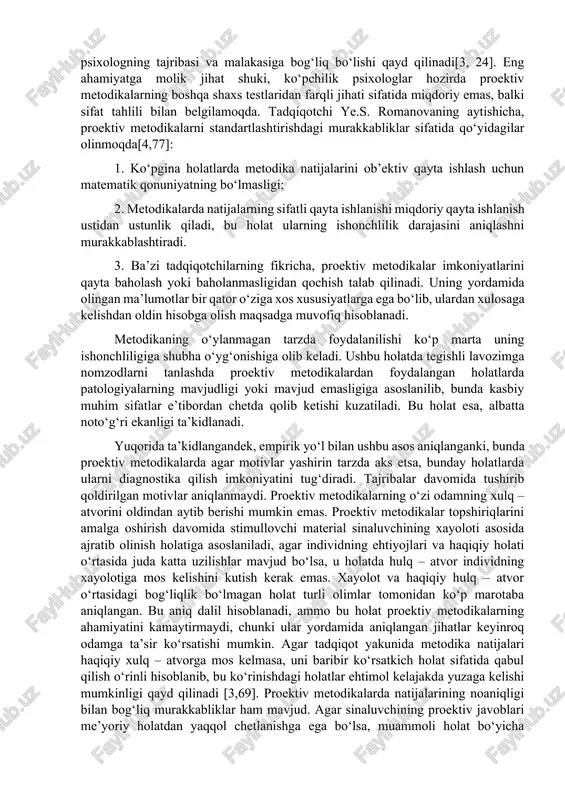 . sokolova [2, 123]; ikkinchidan, sinaluvchi shaxslar javoblarini baholashda “to‘g‘ri” va “noto‘g‘ri” ko‘rinishidagi tegishli me’yorlarning mavjud emasligi. nimani chizsa, u shundayligicha tahlil qilinishi; uchinchidan, tadqiqotchida usulning empirik sinalishi va uning tahliliga nisbatan shubha uyg‘onishi ayrim holatlarda kuzatiladi, shu sababli natijalarni qalbakilashtirilish darajasi yoki o‘z-o‘ziga hisobot berish tarzidagi boshqa metodikalarga nisbatan past hisoblanadi; to‘rtinchidan, ushbu metodikalar qandaydir aniq sifatni, shaxsning belgilarini o‘lchamasdan, balki umumiy tarzda sinaluvchining kechinmalari, maqsadlari, orzularini o‘lchash amalga oshiriladi (a.f.korner 2000) [3, 44]; beshinchidan, psixologning natijalarni izohlashdagi ta’sirining yuqori darajadagi ehtimolligi. test topshiriqlari mazmuni va ularni izohlashdagi nazariya bilan psixolog batafsil tanish bo‘lishi talab qilinadi. proektiv testlashtirishda tashxis qo‘yishning samaradorligi psixologning tajribasi va malakasiga bog‘liq bo‘lishi qayd qilinadi[3, 24]. eng ahamiyatga molik jihat shuki, ko‘pchilik psixologlar hozirda proektiv metodikalarning boshqa shaxs testlaridan farqli jihati sifatida miqdoriy emas, balki sifat tahlili bilan belgilamoqda. tadqiqotchi ye.s. romanovaning aytishicha, proektiv metodikalarni standartlashtirishdagi murakkabliklar sifatida qo‘yidagilar olinmoqda[4,77]: 1. ko‘pgina holatlarda metodika natijalarini …