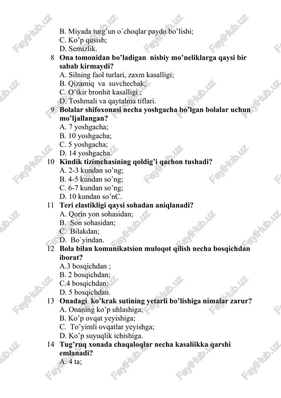 bosqichdan iborat? a.3 bosqichdan ; b. 2 bosqichdan; c.4 bosqichdan; d. 5 bosqichdan. 13 onadagi ko’krak sutining yetarli bo’lishiga nimalar zarur? a. onaning ko’p uhlashiga; b. ko’p ovqat yeyishiga; c. to’yimli ovqatlar yeyishga; d. ko’p suyuqlik ichishiga. 14 tug’ruq xonada chaqaloqlar necha kasaliikka qarshi emlanadi? a. 4 ta; b. 2 ta; c. 3 ta; d. 1 ta. 15 aralash bezlar deyilishiga sabab nima? a. bu bezlarda ishlab chiqarilgan suyuqlik tashqi muhitga chiqariladi; b. bu bezlarda ishlab chiqarilgan suyuqlik qon va limfaga quyiladi; c. bu bezlarda ishlab chiqarilgan suyuqlikning bir qismi tashqi muhitga chiqaririladi, yana bir qismi ichki muhitga quyiladi; d. bu bezlarda ishlab chiqarilgan suyuqlik ichki organlarga singib ketadi. 16 erikson bo’yicha kattalarda rivojlanish bosqichlari nechta? a.2ta; b. 5ta; c. 4ta; d.8ta. 17 o’tkir bronxit kasalligida yo’tal bilan qanday balg’am ajraladi? a.ko’piksimon; b. zangsimon; c. shilliqli; d.shishasimon. 18 xurujning mavsumiyligi qaysi kasallikka xos? a.surunkali kolit; b. surunkali xolesistit; c. jigar …