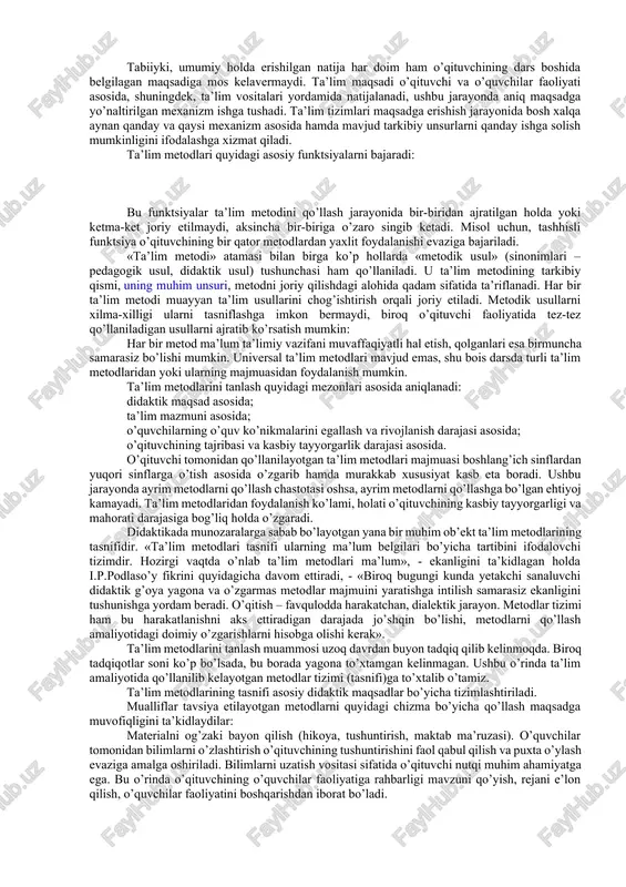 ularning ayrimlarini keltiramiz: shuningdek, ta’lim metodlarining o’qituvchi va o’quvchilarning o’zaro hamkorlikdagi tartibli faoliyatlari usullari ekanligi to’g’risidagi fikrlar ham mavjud. «ta’lim metodlari dastlab pedagog ongida muayyan yo’nalishdagi faoliyatning umumlashma loyihasi tarzida namoyon bo’ladi. mazkur loyiha amaliyotga o’qituvchi va o’quvchilar faoliyatining o’zaro tutashuvi, o’qitish va o’qishga qaratilgan aniq harakatlar, amallar yoki usullar majmuasi sifatida joriy etiladi. metod boshqa shakllarda namoyon bo’lmaydi, buning boisi ta’lim metodi o’zida umumiy holda faoliyatning didaktik modelini ifoda etadi». qayd etilayotgan tushuncha mohiyatini to’laqonli yorituvchi ta’rifni aniqlashga bo’lgan urinish bugun ham davom etyapti, yangi-yangi ta’riflar ilgari surilmoqda. biroq, «ta’lim metodi» tushunchasi mohiyatini yoritishga nisbatan turlicha qarashlarning mavjudligiga qaramay, ularni o’zaro yaqinlashtiruvchi umumiylik mavjud. aksariyat mualliflar «ta’lim metodlari o’quvchilarning o’quv-bilish faoliyatini tashkil etish usullari» degan qarashga yon bosadilar. demak, ta’lim metodlari ta’lim jarayonida qo’llanilib, uning samarasini ta’minlovchi usullar majmuidir. ta’lim metodlari ta’lim maqsadini yoritishga xizmat qiladi, u yordamida ta’lim mazmunini o’zlashtirish yo’llari ifoda etiladi, o’qituvchi va o’quvchilarning o’zaro harakati, …