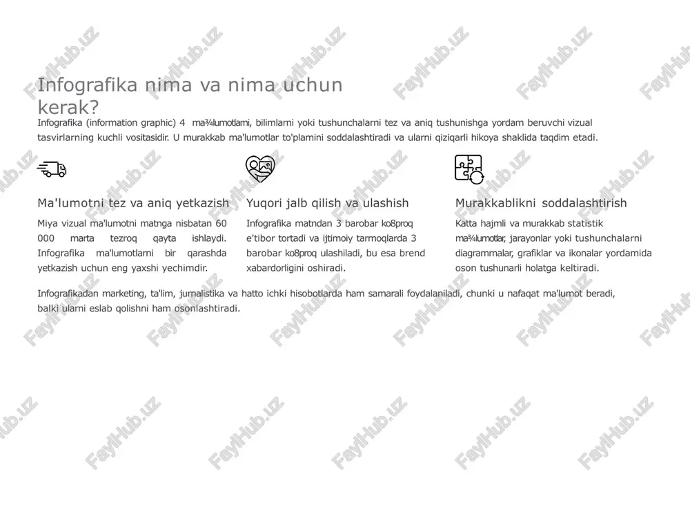 fografikasi tarixiy voqealar, mahsulotning rivojlanish bosqichlari yoki davriy ketma-ketlikni xronologik tartibda namoyish qilish uchun ideal. taqqoslash infografikasi ikki yoki undan ortiq variant, mahsulot yoki xizmatlarning afzalliklari va kamchiliklarini yonma-yon solishtirish uchun qulay. odatda "vs" formatida foydalaniladi. geografik infografika ma'lumotlarni mintaqaviy joylashuv, xaritalar va geolokatsiya asosida taqsimlashda qo'llaniladi. hududiy statistikani ko'rsatishda muhim. infografika yaratishning 10 bosqichi infogram blogi tomonidan tavsiya etilgan ushbu bosqichlar infografikani samarali va professional tarzda yaratish uchun xizmat qiladi. jarayonni to8g8ri boshqarish yuqori sifatli vizualizatsiyani ta'minlaydi. 1 hikoyangizni aniqlang maqsad va auditoriyani belgilang. infografika nima haqida bo'lishi va kim uchun mo'ljallanganligini bilish muhim. 2 toza va ishonchli ma'lumot to8plang ma'lumotlar manbasi ishonchli va dolzarb bo'lishi kerak. noto'g'ri ma'lumot barcha ishni buzishi mumkin. 3 kuchli sarlavha yozing sarlavha infografikaning asosiy g'oyasini qisqa va qiziqarli tarzda ifodalashi kerak, o'quvchini jalb qilish uchun kalit hisoblanadi. 4 infografika turini tanlang ma'lumotlaringizni eng yaxshi namoyish etadigan turni (statistika, jarayon, taqqoslash kabi) tanlang. 5 …