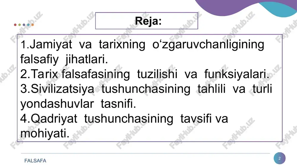 t» asarida inson o‘z shaxsiy talablari jihatidan boshqalardan, ajralgan holda yashay olmaydi, chunki u insoniyatning boshqa vakillari bilan munosabatda bo‘libgina, ularni qondirishi mumkin”, deb hisoblaydi. * falsafa falsafa boshqa fanlardan farqli ravishda jamiyat tahlilida quyidagi tamoyillarga asoslanadi: - jamiyat bir butun yaxlit olamning tarkibiy qismi, borliq, tabiatning o‘ziga xos ko‘rinishi, odamlar uyushmasining maxsus shakli. - jamiyat bir butunlikni, yaxlitlikni tashkil etuvchi ijtimoiy tizimdir. - falsafa jamiyatni o‘rganganda uni yaxlitlik sifatida olib o‘rganadi va uning mavjudligi, taraqqiyot qonunlarini ochib beradi. - falsafa jamiyatning barcha tomonlari orasidagi aloqadorliklar va taraqqiyotni tadqiq etadi. - falsafa jamiyat ham olam kabi uzluksiz harakatda, o‘zgarishda, taraqqiyotda deb biladi. * falsafa * jamiyat insonlar uchrashuvidan iborat bo‘lgan birlik. jamiyatni falsafiy tahlili jamiyat – maqsadlari, orzu-intilishlari, yashash tarzlari mushtarak bo‘lgan odamlar oilasidan iborat insonning yashash muhiti. falsafa * jamiyat moddiy hayoti iqtisodiy hayot sharoitlari moddiy ne’matlar ishlab chiqarish, ayirboshlash, taqsimlash iqtisodiy munosabatlar moddiy boyliklar, tabiiy zahiralar jamiyat moddiy …