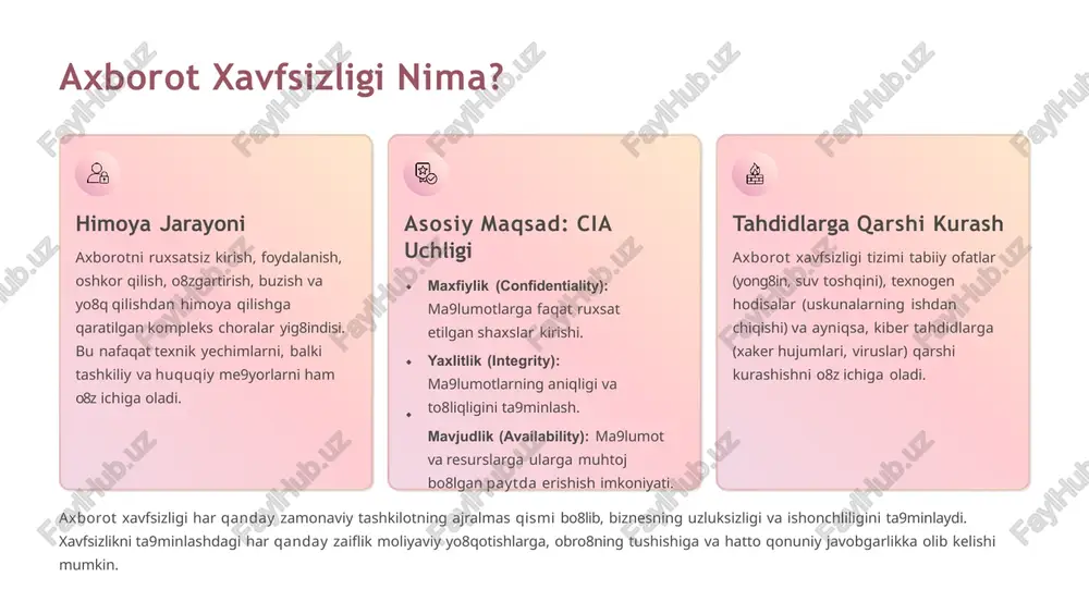 atsiyasi va kirishni nazorat qilish (access control list - acl). foydalanuvchi autentifikatsiyasi: kuchli parollar siyosati, ikki faktorli autentifikatsiya (2fa) va biometrik usullardan foydalanish. ma9lumotlarni shifrlash: ma9lumotlarni saqlash (disklar) va uzatish (aloqa kanallari) vaqtida shifrlash orqali ularning maxfiyligini ta9minlash. xodimlarni o8qitish: inson omili ko8pincha eng zaif bo8g8in bo8lgani sababli, xodimlarni phishing, ijtimoiy muhandislik va xavfsizlik siyosatlari bo8yicha muntazam o8qitish juda muhim. kompyuter xavfsizligi – bu yagona texnologiya emas, balki doimiy yangilanib turuvchi va barcha darajalarda qo8llaniladigan siyosatlar, texnologiyalar va amaliyotlar majmuasidir. antivirus dasturlari roli va vazifalari antivirus dasturlari shaxsiy kompyuterlar va korporativ tarmoqlarning kiber-tahdidlardan himoya qilishdagi birinchi va eng asosiy mudofaa chizig8idir. zararli dasturlarni aniqlash viruslar, troyanlar, reklama dasturlari, rootkitlar va boshqa zararli dasturlarni imzo tahlili, geyvristik tahlil va xulq-atvorga asoslangan usullar yordamida skanerlash va aniqlash. real vaqt rejimida himoya tizimda fayllar ochilishi, yuklab olinishi yoki ishga tushirilishi bilanoq ularni avtomatik ravishda tekshiradi. bu tahdidlarning tizimga kirishiga yo8l qo8ymaydi. tahdidlarni oldini …