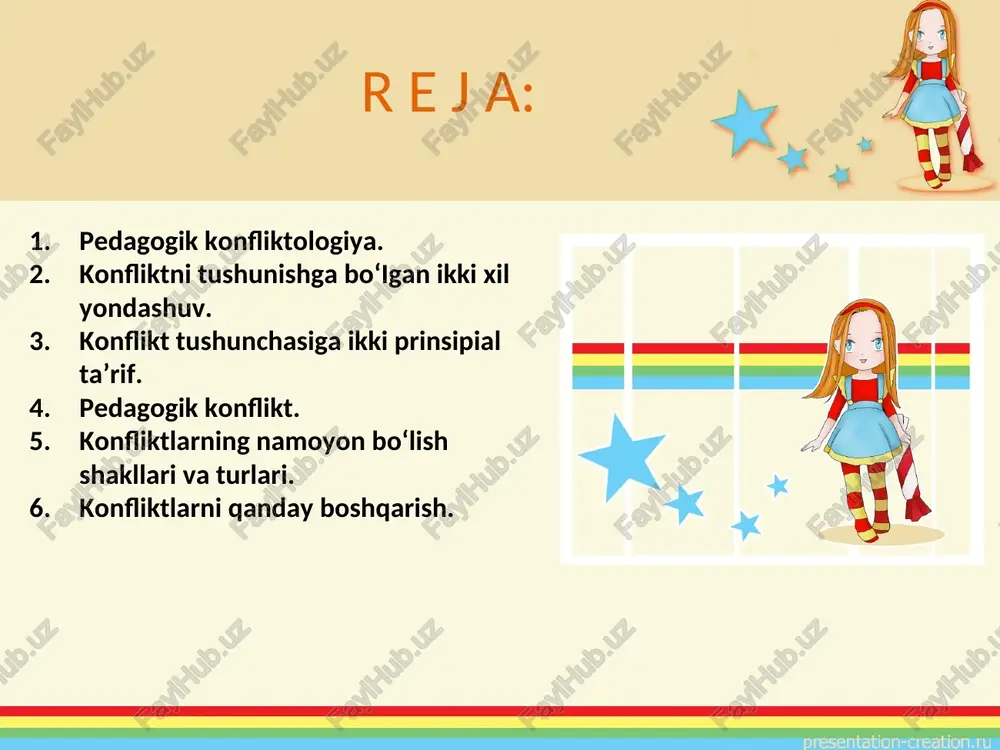 ir. pedagogik jarayonda yuz beradigan konfliktlar o`ziga xos xususiyatlar, rivojlanish darajasi va bosqichlari, chegarasiga ega. konfliktni tushunishga bo‘igan ikki xil yondashuv mavjud. ulardan birinchisi, konfliktni ancha keng - taraflar, fikrlar, kuchlar to‘qnashuvi deb ta’riflaydi. bunday yondashuvga ko‘ra konfliktlar jonsiz tabiatda ham yuz berishi mumkin. «konflikt» va «ziddiyat» tushunchalari amalda hajmiga ko‘ra qiyoslanuvchan bo‘lib qoladilar. ikkinchi yondashuv, konfliktni opponentlar yoki o‘zaro ta’sir subyektlarining bir-biriga zid (teskari) yo‘llangan maqsadlari, manfaatlan, pozitsiyalari, fikrlari yoki qarashlarining to'qnashuvi deb tushuniladi. konflikt tushunchasiga ikki prinsipial ta’rif: birinchisi - konfliktni keng ma’noda tushunishini toraytirib, konfliktlar faqat o‘zaro sotsial harakat (ta’sir)da yuzaga keladi deya hisoblash; ikkinchi ta'rif- konflikt mohiyatiga tegishli. konflikt mohiyati faqat ziddiyat yuzaga kelishida, manfaatlar to‘qnashuvida emas, balki yuzaga kelgan ziddiyatni hal qilish usulida, o‘zaro sotsial ta’sir (harakat) subyektlarining qarama-qarshiligida. konflikt mohiyati, umuman, konflikt subyektlari o‘zaro qarama-qarshiligida bo'ladi. tushunchaning to`liq ta’rifi: konflikt - o‘zaro ta’sir (harakat) jarayonida paydo bo'ladigan jiddiy ziddiyatlarni hal qilishning eng keskin usuli …
