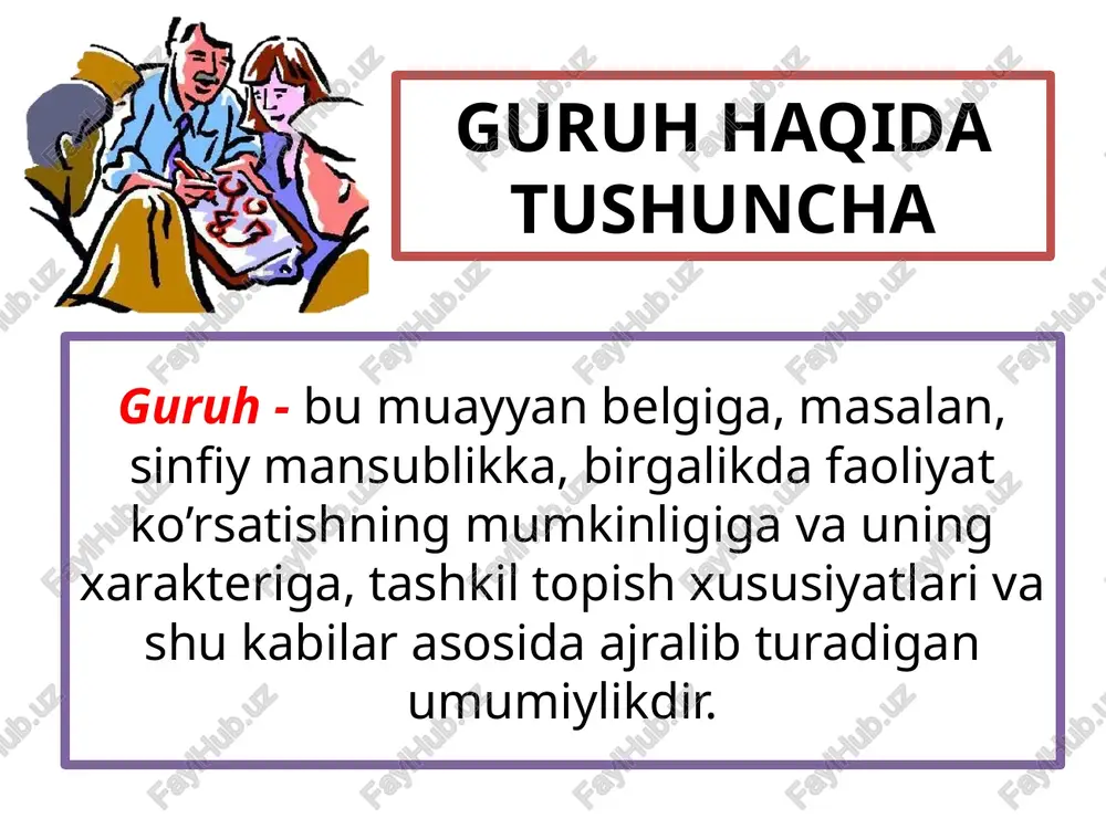 moasi yoki ko’pgina o’qituvchilar bir - birlari bilan bevosita o’zaro aloqada bo’lmasalar ham, lekin ayni chog’da yagona bitta rahbarga (direktorga, ilmiy mudirga) bo'ysunadigan, bitta partiya va kasaba birlashma tashkilotiga kiradigan, maktab hayotiga oid hamma uchun umumiy hisoblangan ichki tartibning barcha qoidalariga amal qilinadigan kattagina bir maktabning pedagoglar jamoasi kiritilgan bo’lishi mumkin. a’zolari umumiy ijtimoiy faoliyatini amalga oshirish uchun birlashgan, bir-biri bilan bevosita muloqotga kirishadigan, son jihatdan uncha katta bo’lmagan guruh tushuniladi. -samimiy do’stona munosabatlar; -bevosita o’zaro aloqalari; -norasmiy institutlar yordamida tartibga solinadi; -maxsus vazifalarni bajarishga mo’ljallangan; ta’rif xususiyatlari kichik guruhlar kichik guruhlar - hamisha bog’langan umumiylik bo’lib, unga kiruvchi shaxslarning o’zaro birgalikdagi real harakati va ular o’rtasidagi real harakati va ular o’rtasidagi real o’zaro munosabatlar bilan bog’langandir. bu guruhlar rasmiy (formal) bo’lishi, ya’ni yuridik jihatdan qayd etilgan huquq va burchlarga, normativ asosida o’rnatilgan strukturaga, tayinlab yoki saylab qo’yilgan rahbarlikka ega bo’lishi mumkin. shuningdek, yuridik jihatdan qayd etilgan statusga ega bo’lmagan, …