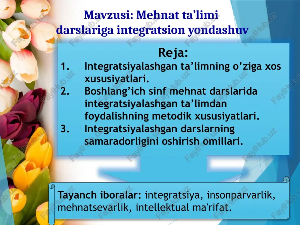 o’quvchilarni aqliy va axloqiy jihatdan rivojlantirib borishda ularning yosh xususiyatlari shaxsiy psixologik va fiziologik sifatlarini hisobga olish o’quvchilarni kasbga yo’naltirish ishlarini olib borish. o’quvchilarning bilim, o’quv ko’nikmalarini turli usullar bilan nazorat qilib borish, o’quvchilar tomonidan o’zlashtirilgan bilim, ko’nikma malakalar quyidagi mezon bo’yicha baholanadi: shakllangan nazariy bilimlar shakllangan ko’nikma va malakalar milliy hunarmandchilik sohalari bo’yicha shakllangan umumta'lim bilimlari milliy hunarmadnchilik kasblarining integrativ asoslarini o’zlashtirish milliy hunarmandchilik kasblari asosi bo’yicha shakllangan bilim, ko’nikma va malakalar milliy hunarmandchilik kasblari bo’yicha shakllangan mahorat milliy hunarmandchilik sohasida shakllangan ijodkorlik shu bilan birga asboblardan foydalanishni egallash moslamalar ijod qilish tayyorlangan buyumlar yoki mashg’ulotlar sifati, mustaqil o’zbekistonimizda amalga oshirilayotgan ijtimoiy-iqtisodiy islohotlar ma'naviy - axloqiy yo’nalishlarni ham keng rivojlantirishni taqoza etmoqda. chunki bu demokratik, insonparvarlik jamiyat qurishning muhim omillaridandir. mamlakatimizda xalq ta'limi tizimida uzluksizlik yuzaga keldi. u zamonaviy innovatsion va integratsion texnologiyalar asosida takomillashtirilmoqda. ayniqsa, boshlang’ich ta'limni yuqori darajaga ko’tarish muhim ahamiyat kasb etayotir. darhaqiqat, kelajagimizning taraqqiyoti ta'limning …