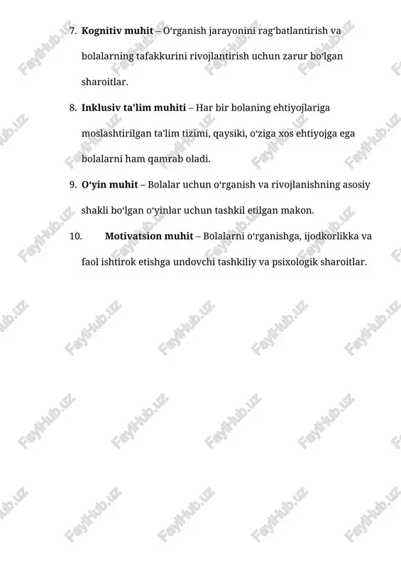 i va boshqa inshootlar. 5. sotsial muhit – o‘quvchilar va o‘qituvchilar o‘rtasidagi ijtimoiy aloqalar, o‘zaro hurmat va ha mkorlikka asoslangan munosabatlar. 6. emotsional muhit – bolalar o‘zlarini qulay va xavfsiz his qilishlari uchun yaratilgan ijobiy hissiy sharoit. 7. kognitiv muhit – o‘rganish jarayonini rag‘batlantirish va bolalarning tafakkurini rivojlantirish uchun zarur bo‘ lgan sharoitlar. /docprops/thumbnail.emf "maktabgacha ta'lim tashkilotlarida rivojlanish muhiti" mavzusida 10 ta glossariy: 1. rivojlanish muhiti – bolalar o‘rganish, o‘sish va rivojlanish uchun qulay sharoit yaratadigan barcha omillar. 2. ta'lim muhiti – o‘quv jarayoni uchun zarur bo‘lgan barcha resurslar va vositalar, jumladan, didaktik materiallar, o‘qituvchilar va infratuzilma. 3. pedagogik muhit – ta'lim jarayonining sifatini ta'minlashda muhim rol o‘ynaydigan o‘qituvchilar, bolalar va o‘quv materiallarining o‘zaro aloqasi. 4. fizik muhit – maktabgacha ta'lim muassasasidagi jismoniy sharoitlar, xona dizayni, o‘yin maydonchalari va boshqa inshootlar. 5. sotsial muhit – o‘quvchilar va o‘qituvchilar o‘rtasidagi ijtimoiy aloqalar, o‘zaro hurmat va hamkorlikka asoslangan munosabatlar. 6. emotsional muhit …