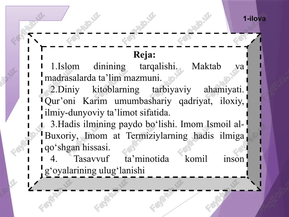 amiyati. qur’oni karim - umumbashariy qadriyat, iloxiy, ilmiy-dunyoviy ta’limot sifatida. qur’oni karim-umumbashariy qadriyat sifatida maqsad - shaxs insonni tarbiyalash vazifalari. 1.qur’on-islom aqidalari e’tiqod va talablarini bayon qiladi. qur’on-kiroat o‘qish ma’nosini bildiradi. ilm-so‘zi 750; marta takrorlanadi. 2.huquqiy-ahloqiy meyorlari va tasviflarini ifodalaydi. - bu o‘zak allox, rabb (bo‘lmoq) gapirmoq kabi o‘zak-so‘zlardan keyin beshinchi o‘rinda turadi. 3.yosh avlodni ma’naviy-ma’rifiy kamolotiga oid fikrlar, qarashlar manbaidir; 96 surasi qur’onning asosiy mazmuni vositasi muxammad payg‘ambarga nazil bo‘lgan. alaq surasi 5 oyati “yaratgan robbing nomi bilan o‘qi!” ilmga qiziqtirish-zumar surasi; 9 oyat ilm va ilmsizlikni farqi; 4.insoniyatni ulug‘ maqsadlar sari birlashtiradi. alloh huzurida boshqalardan yuqori turishi mujodamasu ilmsizlar tanqid qilinadi. rum surasi 59 oyat ilmning uzluksizligi toho surasi 114 oyat 5.umumiy uyimiz-kurrai zaminda do‘st - birodar, axil - hamkor, bo‘lib yashashga o’rgatadi. ilmni haqiqat amali bilan bog‘lash, ilmiy asoslash. rum surasi 29 oyat; isro surasi 36 oyat 6.ma’naviyat-umuminsoniy madaniyat, ma’rifat boyliklaridan, jahon sivilizatsiyasi yutuqlaridan bahramand qiladi. ilmni …