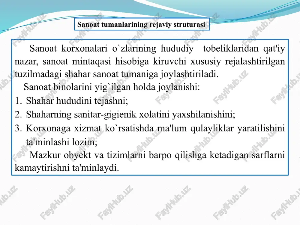 alanish turlari bo`yicha uning hududini funktsional mintaqalashni ta'minlashi lozim. sanoat tumanining rejaviy strukturasida ajratiladigan mintaqalar: ishlab-chiqarish; sanitar-himoyalash; energetik obyektlar; transport va ombor obyektlari; madaniy-maishiy va texnik xizmat ko`rsatish obyektlari; ishlab-chiqarish bazasidagi o`quv yurtlari. sanoat tumaniga transport xizmati ko`rsatish. sanoat tumaniga transport xizmatini, barcha turdagi transportning o`zaro majmui bog`langan tuman rejasi va shahar bosh rejasi loyihasidagi transport sxemasi asosida loyihalash lozim. sanoat transporti sifatida odatda temir yo`l, avtomobil va beto`xtov ishlaydigan (konveyer, quvur o`tkazgich, osma-arqon) transportlaridan foydalaniladi. sanoat korxonalari hududini rejalashtirish va qurish xususiyatlari. shahar sanoat tumanini rejalashtirishning asosiy tarkibiy elementlari panellardir, ular korxonalarni bir qatorda joylashtirish uchun mo`ljallangan va bloklar tumaniga o`tish ko`chalari bilan bo`linadi. sanoat korxonalarini joylashtirish usullari: bir panelli tasmasimon-ishlab chiqarishning sanitariya sinflanishi bo`yicha bir yoki yaqin sinfli korxona va obyektlar uchun qo`llaniladi. 2.ketma-ket, ko`p panelli-sanitariya sinfi bo`yicha turlicha bo`lgan korxonalarni joylashtirish uchun. zarar tarqatuvchi manbaa va turar-joy qurilmalari orasidagi hudud – sanitariya-himoya mintaqasining asosiy o`lchamlari quyidagilar: 1 …