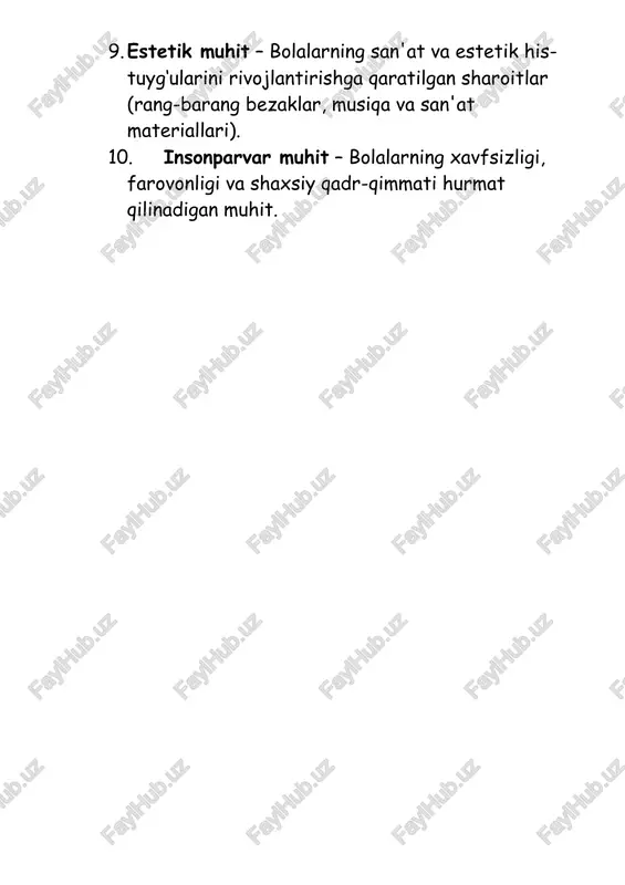 iyatini rivojlantirishga qaratilgan sharoitlar, masalan, bilim olish, mantiqiy fikrlashni rag‘batlantirish. 4. jismoniy muhit – bolalarning jismoniy rivojlanishini ta'minlash uchun yaratilgan sharoitlar (o‘yin maydonchalari, sport inshootlari, xavfsiz muhit). 5. ijtimoiy muhit – bolalar o‘rtasida ijtimoiy ko‘nikmalarni rivojlantirish va o‘zaro munosabatlarni mustahkamlash uchun yaratilgan sharoitlar. 6. emotsional muhit – bolalarning emotsional rivoj lanishini qo‘llab - quvvatlaydigan, ularni quvnoq va xavfsiz his qiladigan muhit. 7. didaktik muhit – ta'lim jarayonining samaradorligini oshirish uchun o‘qitish usullari, materiallar va resurslarning uyg‘un tizimi. 8. o‘yin muhiti – bolalar o‘yinlar orqali o‘z ko ‘nikmalarini rivojlantiradigan, o‘yinchoqlar va didaktik materiallar bilan to‘ldirilgan muhit. /docprops/thumbnail.emf "maktabgacha ta'lim tashkilotlarida rivojlanish muhiti" mavzusida 10 ta glossariy: 1. rivojlanish muhiti – bolalar uchun o‘rganish, ijod qilish, o‘zini ifoda etish va shaxs sifatida rivojlanish uchun qulay sharoitlarni yaratadigan muhit. 2. pedagogik muhit – ta'lim va tarbiya jarayonlarini samarali tashkil etish uchun zarur bo‘lgan barcha omillar (o‘qituvchi, o‘quv materiallari, usullar)dan tashkil topgan muhit. 3. …