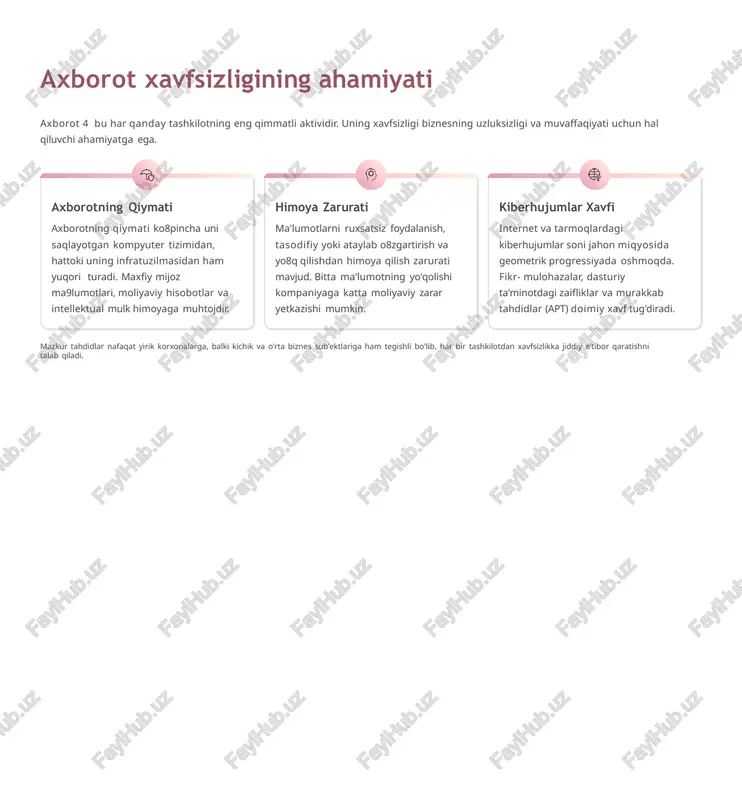 avjudlik (availability) kerakli paytda axborot va tizim xizmatlari ruxsat etilgan foydalanuvchilar uchun mavjud bo8lishini ta9minlash. bu ishonchli infratuzilma, ortiqcha zaxiralash (redundancy) va dos (denial of service) hujumlaridan himoya qilish bilan ta'minlanadi. kriptografiya: zamonaviy himoya usuli kriptografiya ma9lumotlarni shifrlash orqali ularni o8qilmaydigan shaklga keltiradi, shu bilan ruxsatsiz kirishni oldini oladi va maxfiylikni ta9minlaydi. shifrlashning turlari simmetrik shifrlash: bir xil kalit shifrlash va deshifrlash uchun ishlatiladi (masalan, aes). nosimmetrik shifrlash (ochiq kalit): har xil kalitlar ishlatiladi4biri ochiq (shifrlash uchun), ikkinchisi yopiq (deshifrlash uchun) (masalan, rsa). xeshlash funksiyalari: ma'lumotning yaxlitligini tekshirish uchun ishlatiladi (masalan, sha-256). elektron raqamli imzo (eri) elektron hujjatning haqiqiyligi va muallifligini tasdiqlovchi vosita. eri kriptografik algoritmlarga asoslangan bo'lib, hujjatning yaxlitligini va imzo chekuvchining shaxsini isbotlaydi. bu qog'ozdagi imzo bilan teng yuridik kuchga ega. milliy kriptografik algoritmlar ayrim davlatlar o'zlarining maxsus milliy shifrlash standartlarini ishlab chiqadilar. bu algoritmlar davlat sirlari va muhim infratuzilmalar xavfsizligini ta'minlashda strategik ahamiyatga ega bo'lib, xorijiy ta'sirlardan …