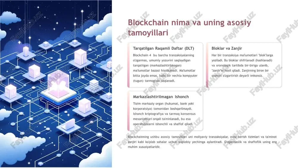 zining tarixiy maksimal darajasiga yetib, $100,000 dan oshganini ko'rdi, bu texnologiyaning global qabul qilinishini tasdiqlaydi. global qamrov: 2025-yilga kelib, butun dunyo bo'ylab 10,000 dan ortiq faol kriptovalyutalar mavjud va 50 milliondan ziyod foydalanuvchilar o'zlarining blockchain hamyonlarida aktivlarni saqlamoqda. bu raqamlar markazlashtirilmagan moliyaning (defi) ulkan o'sishini aks ettiradi. muhim sana: 2009-yil yanvar oyida birinchi bitcoin bloki (genesis block) qazib olindi, bu rasman blockchain tarixini boshlab berdi. 2025-yilda blockchainning sanoatlarda keng qo8llanilishi blockchain nafaqat moliyaviy operatsiyalar uchun, balki bir qancha asosiy sohalarda ishonch, samaradorlik va shaffoflikni ta'minlovchi universal texnologiya sifatida qabul qilinmoqda. moliyaviy xizmatlar (fintech) blockchain moliyaviy infratuzilmani tubdan o'zgartirmoqda. defi (markazlashtirilmagan moliya) banklar kabi vositachilarsiz kreditlash, savdo va investitsiyalarni amalga oshirishga imkon beradi. bundan tashqari, aktivlarni tokenizatsiya qilish orqali ko'chmas mulkdan tortib san'at asarlarigacha bo'lgan hamma narsani raqamli ulushlarga aylantirish imkoniyati tez va xavfsiz transchegaraviy tranzaksiyalarni ta'minlaydi. ta9minot zanjiri boshqaruvi mahsulotlarning ishlab chiqarishdan tortib iste'molchiga yetib borgunigacha bo'lgan har bir bosqichini …