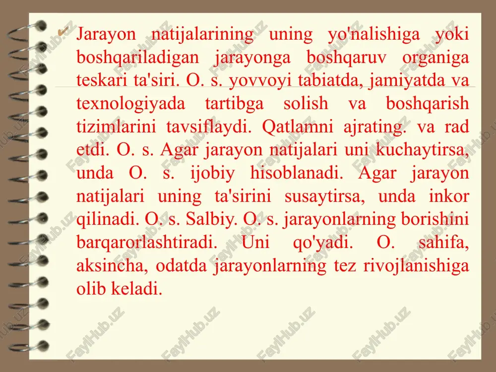 chiqishidan kirishigacha bo'lgan yo'nalishdagi aloqa (axborot uzatish). bu bo'lim boshqariladigan ob'ekt yoki avtomatik tizimning har qanday bo'g'ini (yoki havolalar to'plami) bo'lishi mumkin. asosiy ta'sir zanjiri - bu avtomatik tizimning kirishidan chiqishigacha uzatishning shartli ajratilgan zanjiri. o. s. ta'sirlarning asosiy zanjiriga yoki uning biron bir qismiga qo'shimcha ravishda, ta'sirlarni uzatish yo'lini shakllantiradi. elektron qurilmalar bilan aloqa, signalning qurilmaning chiqishidan uning kirishiga ta'siri. qurilmaning chiqishidan signal kirishga uzatiladigan elektr zanjiri o. sxemasi deb ataladi. ko'pincha, qurilma ikkita (kirish va chiqish) terminali bo'lgan ekvivalent elektr davri shaklida ifodalanishi mumkin va shunday deb ataladi. uzatish funktsiyasi yoki chiqish terminali juftidagi kuchlanish yoki oqimning kirish terminali juftidagi kuchlanish yoki oqimga nisbati bilan aniqlanadigan uzatish funktsiyasi. o'tkazish funktsiyasi f c o. sahifali qurilmalar. formuladan aniqlash mumkin: qayta aloqa xususiyatlari va ilovalari. o. sahifasi ijobiy bo'lgan qurilmada. halqa ortishi ≥ 1 bilan har xil turdagi elektr tebranish generatorlarida ishlatiladigan o'z-o'zidan tebranishlar paydo bo'lishi mumkin. sahifaning ijobiy o. …