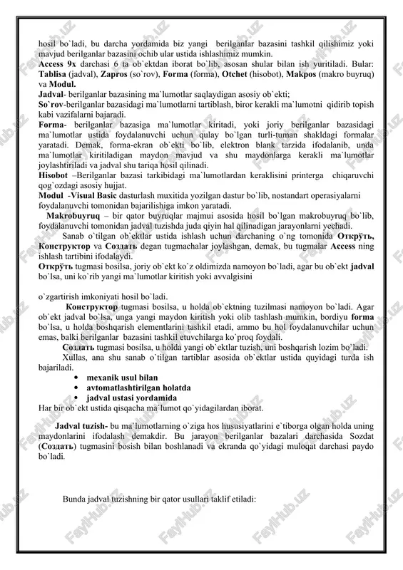 da esa tavsiyanoma punktlari qo`yidagi tasvirdagi kabi bo`ladi: fayl pravka vid vistavka format zapisi servis okno? uchinchi satrida standart paneli piktogrammalari joylashgan. darchaning keng qismi maydon hisoblanadi. ishchi maydonda yuqoridagi muloqat darchasi hosil bo`ladi, bu darcha yordamida biz yangi berilganlar bazasini tashkil qilishimiz yoki mavjud berilganlar bazasini ochib ular ustida ishlashimiz mumkin. access 9x darchasi 6 ta ob`ektdan iborat bo`lib, asosan shular bilan ish yuritiladi. bular: tablisa (jadval), zapros (so`rov), forma (forma), otchet (hisobot), makpos (makro buyruq) va modul. jadval- berilganlar bazasining ma`lumotlar saqlaydigan asosiy ob`ekti; so`rov-berilganlar bazasidagi ma`lumotlarni tartiblash, biror kerakli ma`lumotni qidirib topish kabi vazifalarni bajaradi. forma- berilganlar bazasiga ma`lumotlar kiritadi, yoki joriy berilganlar bazasidagi ma`lumotlar ustida foydalanuvchi uchun qulay bo`lgan turli-tuman shakldagi formalar yaratadi. demak, forma-ekran ob`ekti bo`lib, elektron blank tarzida ifodalanib, unda ma`lumotlar kiritiladigan maydon mavjud va shu maydonlarga kerakli ma`lumotlar joylashtiriladi va jadval shu tariqa hosil qilinadi. hisobot –berilganlar bazasi tarkibidagi ma`lumotlardan keraklisini printerga chiqaruvchi …