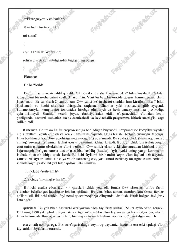 gi kunda katta ahamiyat kasb etmoda. buni ta'minlash uchun ob'ektli dasturlash g'oyasi ilgari surildi. huddi 70-chi yillar boshida strukturali dasturlash kabi, programmalarni hayotdagi jismlarni modellashtiruvchi ob'ektlat orqali tuzish dasturlash sohasida inqilob qildi.c++ dan tashqari boshqa ko'p ob'ektli dasturlshga yo'naltirilgan tillar paydo bo'ldi. shulardan eng ko'zga tashlanadigani xerox ning palo altoda joylashgan ilmiy-qidiruv markazida (parc) tuzilgan smalltalk dasturlash tilidir. smalltalk da hamma narsa ob'ektlarga asoslangan. c++ esa gibrid tildir. unda c ga o'hshab strukturali dasturlash yoki yangicha, ob'ektlar bilan dasturlash mumkin. yangicha deyishimiz ham nisbiydir. ob'ektli dasturlash falsafasi paydo bo'lganiga ham yigirma yildan oshayapti. c++ funksiya va ob'ektlarning juda boy kutubhonasiga ega. yani c++ da dasturlashni o'rganish ikki qismga bo'linadi. birinchisi bu c++ ni o'zini o'rganish, ikkinchisi esa c++ ning standart kutubhonasidagi tayyor ob'ekt/funksiyalarni qo'llashni o'rganishdir. c++ da dasturlashning asosiy qismlari c++ sistemasi asosan quyidagi qismlardan iborat. bular dasturni yozish redaktori, c++ tili va standart kutubhonalardir. c++ dasturi ma'lum bir fazalardan …