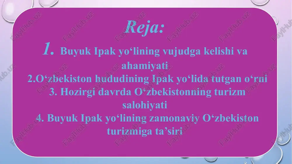rchilik, hunarmandchilik, ipak to‘qish, kulolchilik va zargarlik san’ati rivoj topgan. bugungi kunda ham bu an’analar davom etib, mamlakatning boy madaniy merosi va turizm salohiyatining asosini tashkil etmoqda. bugungi kunda o‘zbekiston markaziy osiyoda turizm sohasida katta imkoniyatlarga ega davlatlardan biridir. mamlakatda 8000 dan ortiq tarixiy obidalar mavjud bo‘lib, ularning ko‘pchiligi yuneskoning butunjahon merosi ro‘yxatiga kiritilgan (samarqand, buxoro, xiva, shahrisabz va boshqalar). shuningdek, o‘zbekiston tabiiy go‘zalliklarga boy: tog‘lar, cho‘llar, ko‘llar, milliy bog‘lar va eko-turizm manzillari mavjud. zamonaviy turizm infratuzilmasi – mehmonxonalar, transport, yo‘nalishlar, gidlik xizmatlari va aeroportlar tez rivojlanmoqda. davlat tomonidan sayyohlar uchun viza rejimi yengillashtirilgan, bu esa chet ellik turistlar oqimini yanada oshirmoqda. buyuk ipak yo‘li o‘zbekiston turizm brendining asosiy yo‘nalishlaridan biridir. bugungi kunda mamlakatda “buyuk ipak yo‘li izidan” nomli xalqaro turistik marshrutlar faoliyat yuritmoqda. bu yo‘nalishlar orqali sayyohlar qadimiy shaharlar, me’moriy yodgorliklar, milliy an’analar va xalq hunarmandchiligi bilan tanishadilar. shu bilan birga, o‘zbekiston “bir makon – bir yo‘l” tashabbusida faol …