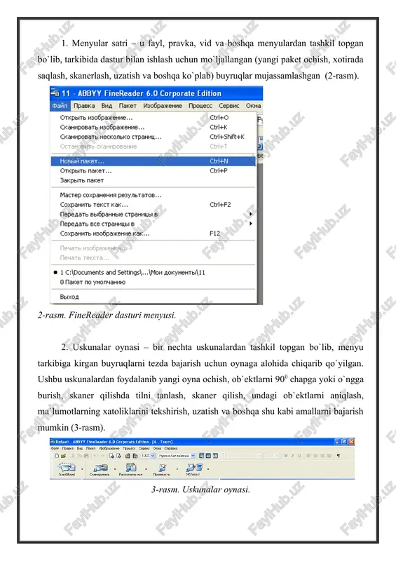 chi oynasida kattalashgan holda hosil bo`ladi va undagi ob`ektlarni taxrirlash imkoni tug’iladi . 4-rasm. ob`ekt eskizlari oynasi. 4. asosiy ishchi oyna – unda skanerlangan ma`lumot hosil bo`ladi. oynada ichki uskunalar paneli mavjud bo`lib, ular yordamida ma`lumotlarni turli ko`rinishlari (tekst, rasm, jadval) belgilab olinadi va ob`ekt sifatida aniqlanadi. buning uchun ma`lumotga mos ob`ekt turi tanlanadi. masalan ma`lumotimiz tekst bo`lsa uskunalar panelidan yashil rangdagi t harfini tanlab ishchi oynadagi tekst ajratilib belgilanadi. shu tarzda skanerlangan barcha betlardagi ma`lumotlarni eskizlar oynasidan tanlab, undagi ob`ektlarni asosiy ishchi oynada uskunalar paneli yordamida ajratib belgilab chiqiladi (5 - rasm) [5]. 5-rasm. asosiy ishchi oyna. 1.3. virtual ko`rgazmalar haqida tushuncha virtual ko`rgazmalar bilim oluvchilarning tasavvurini kengaytirishga, nazariy olgan bilimlarini rivojlantirishga va qo`shimcha ma`lumotlar bilan ta`minlashga yo`naltirilgan bo`ladi. uzluksiz ta`lim tizimida fan va texnologiyalarning rivojlangani sari mazmuni tez o`zgaruvchan, chuqurlashtirilib o`qitiladigan umumkasbiy va maxsus fanlar bo`yicha elektron o`quv adabiyotlarini va virtual ko`rgazmalarni tayyorlash o`qitish jarayonida yaxshi samara beradi …