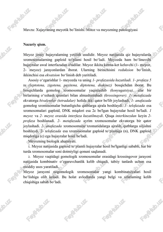 di. profaza-1 metafaza-1 anafaza-1 telefaza-1 profaza-2 metafaza-2 anafaza-2 telefaza-2 mavzu bo‘yicha o‘rganiladigan asosiy savollar: 1. meyoz nima? 2. meyoz bulinish kachon kuzatiladi? 3. jinsiy hujayralar ularning tuzilishi va rivojlanishi. 4. nima uchun reduksion bo‘linish deyiladi? 5. ekvatsion bo‘linish, uning mitozdan farqi? 6. qachon gomologik xromasomalarda kon’yugatsiya va krossingover hodisasi kechadi? 7. profaza i va profaza ii o‘rtasida farqlar? 8. meyozning qaysi bo‘linishida hosil bo‘lgan hujayralarda xromasomalar gaploid (n) songa keladi? 9. anafaza i va anafaza ii o‘rtasida farqlar? 10. meyozda qachon dnk redublikatsiyasi kechadi? 11. mitozdan meyozning farqi? 12. meyozning biologik ahamiyati? 13. organizmlarning kupayish usullari. talabalarda amaliy bilimlarni o‘zlashtirganligini aniqlash uchun savollar: 1. meyoz natijasila qanday hujayralar hosil bo‘ladi? 2. meyozning qaysi fazasida gomologik xromosomalar kon’yugatsiyalashib bivalent hosil bo‘ladi? 3. qachon krossingover hodisasi kechadi? 4. meyoz profaza i qanday bosqichlardan iborat? 5. metafaza i da xromasomalar qanday joylashadi? 6. anafaza i da qanday xromasomalar qarama – qarshi qutbga tortiladi? …