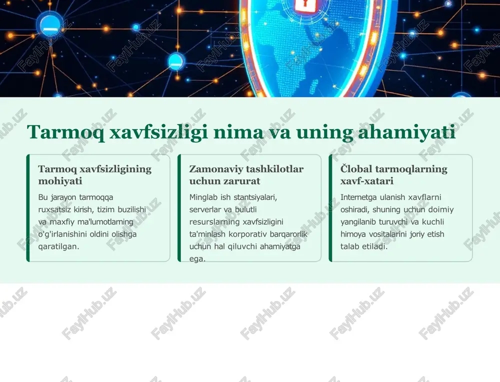 chi tarmoq trafikini filtrlash va nazorat qilishning birinchi himoya qatlami. ids/ips (hujumlarni aniqlash va oldini olish tizimlari): tarmoq faoliyatida shubhali harakatlarni izlash va tahdidlarni avtomatik blokirovka qilish. vpn (virtual private network): ochiq tarmoqlar orqali xavfsiz, shifrlangan ulanishni ta'minlash, ayniqsa masofaviy ishda muhim. ssl/tls protokollari: veb-saytlar va ilovalar o'rtasida ma'lumotlarni xavfsiz (shifrlangan holda) uzatishni kafolatlash. zamonaviy next-generation firewalls (ngfw) nafaqat portlarni, balki ilovalarni va foydalanuvchi identifikatorlarini ham nazorat qiladi. axborotni himoya qilish dasturlari va ularning roli kiberxavfsizlik strategiyasi turli xil maxsus dasturiy yechimlarni o'z ichiga oladi. antivirus va antimalware tizimni muntazam skanerlash, mavjud tahdidlarni aniqlash va yo'q qilish. real vaqt rejimida himoya. shifrlash dasturlari ma'lumotlar saqlanganda (diskda) va uzatilganda (tarmoq orqali) ularni o'qilmas holatga keltirish. parol menejerlari va mfa murakkab parollarni xavfsiz saqlash va ikki faktorli autentifikatsiya (mfa) orqali kirish qatlamini kuchaytirish. zaxiralash dasturlari tizim ishdan chiqqan yoki hujumga uchragan taqdirda ma'lumotlarni tezda tiklash uchun zaxira nusxalarini yaratish. rcal hayo”dan misol: …