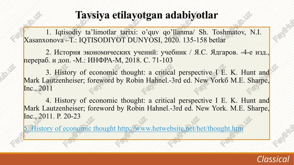qilinishi angliya yollanma mehnatdan keng foydalanilgan, keyinchalik texnika yangiliklari keng qoʼllanilgan manufaktura (manu - qul, facture - tayyorlash) - mehnat taqsimoti, kooperatsiya, yollanma ishchi kuchi, demak, kapitalistik ishlab chiqarishning kurtaklari paydo boʼldi. uy hunarmandchiligi - asosiy ishlar bir odam yoki oila tomonidan bajarilgan (xom ashyoni tayyorlash, qayta ishlash, sotish...) va aniq mehnat taqsimoti yoʼq kapitalistik fermerchilik yuzaga keldi (ular yerni lendlordlardan uzoq muddatli ijaraga olgan) yaomen (dehqon)lar sinfi tugatildi classical klassik iqtisodiy maktabning rivojlanish bosqichlari (rossiyalik iqtisodchi ya.s.yadgarov) xvi asr oʼrtalari – xvii asr boshlari xviii asrning oʼrtalari xix asrning o'rtalari xix asrning ikkinchi yarmi klassik maktabning yakunlanishi. klassik maktab erishgan natijalarni umumlashtirish va neoklassik nazariyalarning shakllanish davri. dj. s.mill va k.marks bozor munosabatlarining rivojlanishi, merkantilizm taʼlimotining tanqidga va tanzzulga uchrashi. u.petti (angliya) va p.buagilber (fransiya) fiziokratlar maktabining shakllanishi - milliy daromad manbaini mehnat va yer (f.kene, a.tyurgo va b.). a.smit iqtisodiy asarlarining yaratilish rivojlangan mamlakatlarda sanoat toʼntarishining yakunlanish davri. …