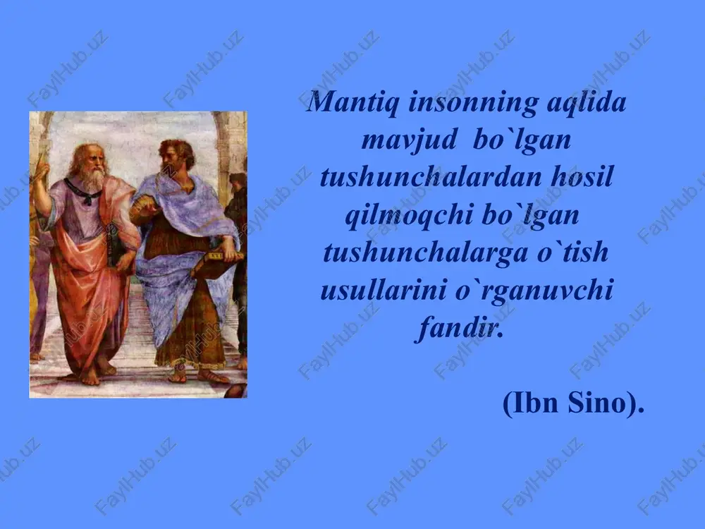 `lum bir predmet yoki hodisa haqida aytilgan ayni bir fikr ayni muhokama doirasida ayni bir vaqtda o`z-o`ziga tengdir. a=a nozidlik qonuni ta`rif formulasi ayni bir predmet yoki hodisa haqida aytilgan ikki o`zaro bir-birini istisno qiluvchi (qarama qarshi yoki zid) fikr bir vaqtda va bir xil nisbatda birdaniga chin bo`lishi mumkin emas, hech bo`lmaganda ulardan biri albatta xato bo`ladi. tushuncha narsa va hodisalar, ularning umumiy, muhim belgilari, xususiyatlarini inson ongida yaxlit aks ettiradigan tafakkur shaklidir tushuncha muhim belgi predmetni mavjud bo`lishi uchun zarur bo`lib, uning tabiati, mohiyatini ifodalovchi belgilar. nomuhim belgi 93 predmetning mavjud bo`lishi uchun zarur bo`lmagan belgi belgilar deb predmetlarni bir-biridan farq qiluvchi hamda ularning bir - biriga o`xshashligini ifoda qiluvchi xususiyatlar va munosabatlarga aytiladi. belgilar muhim yoki nomuhim bo`ladi muhim belgi nomuhim belgi 93 ****** deb predmetlarni bir-biridan farq qiluvchi hamda ularning bir - biriga o`xshashligini ifoda qiluvchi xususiyatlar va munosabatlarga aytiladi. belgilar ***** yoki ****** bo`ladi tushuncha …
