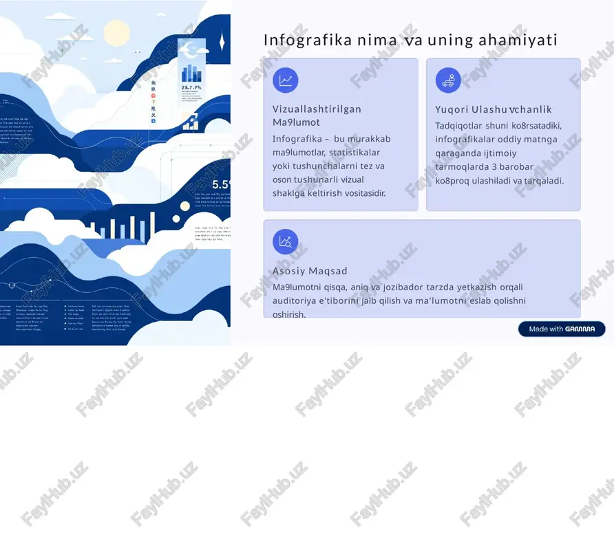 qilish. infografika yaratishda mashhur platformalar infogram 10 milliondan ortiq foydalanuvchiga ega. interaktiv grafikalar, real vaqtda ma9lumot yangilanishi va ai yordamida avtomatik yaratish imkoniyatlari bilan ajralib turadi. piktochart ai yordamida tez va oson infografika, taqdimot va hisobotlar yaratishga ixtisoslashgan. keng shablonlar kutubxonasi mavjud. can a eng mashhur dizayn vositasi. ko8plab bepul va pullik shablonlar, oddiy interfeys orqali professional ko8rinishdagi dizaynlar yaratish imkoniyati. infogram platformasining noyob imkoniyatlari real vaqt ma9lumot grafikalar ma9lumotlar bazasidagi o8zgarishlarga qarab avtomatik yangilanadi. infogram oddiy vizuallashtirishdan tashqari, ma9lumotlarni chuqur integratsiya qilish va dinamik taqdimotlar yaratish imkonini beradi. interakti elementlar foydalanuvchi bilan o8zaro aloqada bo8luvchi dinamik diagrammalar va xaritalar. katta ma9lumot importi mysql, postgresql kabi mashhur ma9lumotlar bazalari bilan to8g8ridan- to8g8ri integratsiya. brend kit korporativ ranglar, logotip va shriftlarni saqlab, bir xil uslubni ta9minlash. sun'iy intellekt ai yordamida infografikalarni avtomatik yaratish va matnlarni optimallashtirish. piktochart bilan ishlash afzalliklari turli formatlar faqat infografika emas, balki taqdimot, poster va professional hisobotlarni …
