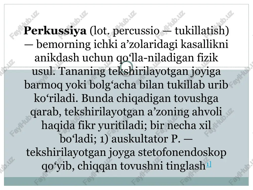 lan beriladi. hozirgi vaqtda barmoqqa barmoq bilan urib ko‘rishdan iborat bilvosita perkussiya keng tarqalgan. perkussiyaning bu turida ko‘krak qafasiga zich qilib qo‘yiladigan chap qo‘l o‘rta yoki ko‘rsatkich barmog‘ining o‘rta yoki tirnoqli bo‘g‘ini plessimetr bo‘lib xizmat qiladi. qo‘lning boshqa barmoqlari ham bemor tanasi yuzasida turishi, lekin ular bilan plessimetr — barmoq orasida ma’lum masofa bo‘lishi lozim. plessimetr — barmoqqa zarb, odatda, o‘ng qo‘lning yoy shaklida bukilgan o‘rta barmog‘i bilan beriladi. bunda bolg‘acha rolini o‘ynayotgan barmoqning plessimetr — barmoqqa perpendikular tushishiga alohida ahamiyat berish kerak. obyektiv tekshirish usullari ikki turga bo‘linadi. bular: asosiy va qo ‘shimcha usullar. asosiy tekshirish usullariga quyidagilar kiradi: ko‘zdan kechirish; palpatsiya — paypaslab ko‘rish; perkussiya — tukillatib ko‘rish; auskultatsiya — eshitib ko‘rish. qo‘shimcha tekshirish usullariga esa quyidagilar kiradi: asbob-uskunalar yordamida tekshirish; laboratoriya yordamida tekshirish. qiyosiy perkussiya o`pkalarni tekshirish odatda nisbiy perkussiyadan boshlanadi. ularning nisbiy perkussiyasini asosiy maqsadi — o`pka tovushi o`zgarishlarini aniqlash va ularni tahlil qila bilish mahorati. …