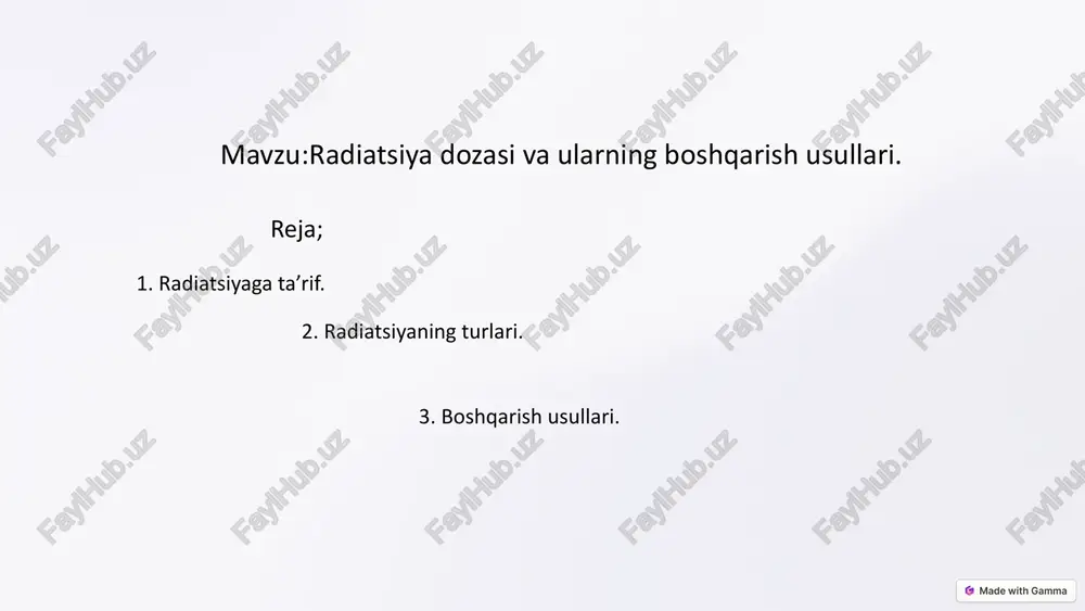 sirini hisobga olgan holda hisoblangan doza. radiatsiyadan himoya qilish usullari 1 vaqtni kamaytirish radiatsiya manbai bilan vaqtni qisqartirish. 2 masofani oshirish radiatsiya manbai bilan masofani oshirish. 3 qalqon ishlatish radiatsiyadan himoya qilish uchun qalqon materiallari, masalan, qo'rg'oshin yoki beton. radiatsiyaning odam organizmiga ta'siri kam miqdordan boshlanadi. u jarayonni o'sib borishi bilan tanada sezilish darajasi boshlanadi. bu atom darajasida quyidagicha kechadi, radioaktiv zarrachalar juda katta tezlikda uchib chiqadi va to'qima atomlari elektronini uradi, natijada elektronlar musbat zaryadlanadi. radiatsiyaning qora ishi mohiyati shunda. uning oqibati falokatga olib keladi. erkin elektron va ionlashgan atom z murakkab reaksiyaga kirishadi. uning natijasida erkin radikallar hosil boʻladi. masalan, organizmning taxminan 80% qismi suvdan (h2o) tashkil topadi. u radiatsiyaning ta'sirida parchalanadi va h va oh radikallarga ajraydi. bular potologik faol zarrachalar, ular muhim biologik birikmalar-dnk molekulalari, oqsillar, fermentlar, yog'lardir. natijada, organizmda zararlangan molekulalar va toksinlar, to'qima almashinuvi ma'lum vaqtdan so'ng zararlangan to'qimalar oʻladi yoki ularning funksiyasi jiddiy …