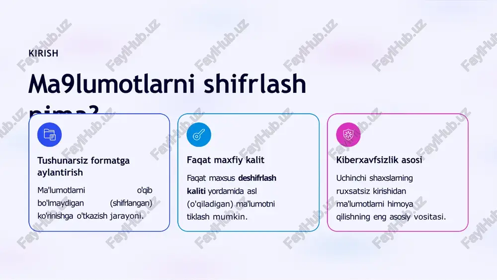 ar shifri (caesar cipher) miloddan avvalgi davrlarda yuliy qaysar tomonidan qo'llanilgan. harflarni alifbodagi ma9lum qadamga siljitish orqali amalga oshirilgan. 2 rot13 shifri qaysar shifrining sodda varianti bo'lib, har bir harfni alifboda 13 harfga siljitishni nazarda tutadi. 3 al-kindining kashfiyoti al-kindi (ix asr) tomonidan shifrlashni buzish uchun chastota tahlili usuli kashf etilgan va kriptoanaliz asosiga aylangan. zamonaviy shifrlash texnologiyalari blok va oqim shifrlash blok shifrlash ma'lumotni bo'laklarga bo'lib shifrlaydi (masalan, aes). oqim shifrlash esa bitma-bit shifrlashni amalga oshiradi. postkvant kriptografiya kvant kompyuterlari tomonidan buzilishga chidamli yangi shifrlash usullarini yaratish ustida ishlanmoqda. kiberxavfsizlikda yangi imkoniyatlar doimiy yangilanib borayotgan texnologiyalar ma9lumotlarni yanada mustahkam himoya qilishga yordam beradi. strategik o'rin shifrlashning kiberxavfsizlikdagi roli shifrlash texnologiyalari axborot tizimlarining ajralmas qismi bo8lib, ma9lumotlar butunligi va maxfiyligini ta'minlaydi. – rabbimova va jo9rayeva (2025) ruxsatsiz kirishdan himoya uzatmada, saqlashda va qayta ishlashda ma'lumotlarning maxfiyligini kafolatlaydi. xavfsiz onlayn tranzaksiyalar bank operatsiyalari, to'lovlar va shaxsiy ma'lumotlarni himoyalashda ssl/tls shifrlashidan foydalaniladi. …