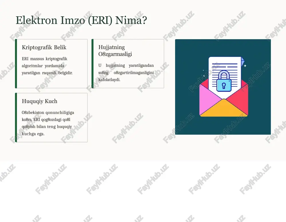 raqamli formatda tartibli saqlanadi, kerakli ma9lumotni topish uchun qidiruv tizimlaridan foydalanish mumkin. o8zbekistonda elektron imzo va hujjat aylanishi sertifikatlar berilishi eri kalitlari va sertifikatlari ro8yxatga olish markazlari (dxx kripto texnologiyalari markazi) tomonidan rasman beriladi. davlat va biznes davlat organlari "ijro.gov.uz" orqali, biznes subyektlari esa maxsus eha platformalari orqali faol almashinuvda. elektron sudlov "e-sud" tizimi joriy etilgan bo8lib, sud hujjatlari, da9volar va chaqiruvlar elektron shaklda yuritilmoqda. amaliy misol: sigex tizimi 1 imzolash va ro8yxatga olish sigex kabi platformalar orqali hujjatlar eri bilan imzolanadi va yagona raqam ostida ro8yxatdan o8tkaziladi. 2 haqiqiylikni tekshirish tizim foydalanuvchiga imzolangan hujjatning butunligini va haqiqiyligini real vaqt rejimida tekshirish imkonini beradi. 3 xavfsiz almashinuv sigex ishtirokchilar o8rtasida elektron hujjatlarni xavfsiz va qonuniy tarzda almashish hamda uzoq muddat saqlashni ta9minlaydi. elektron imzo va hujjat almashinuvida xavfsizlik choralar kriptografik shifrlash ma9lumotlar maxfiy va o8zgarmas bo8lishini ta9minlash uchun murakkab shifrlash algoritmlari qo8llaniladi. maxsus kalit egasi eri yaratish uchun ishlatiladigan shaxsiy …