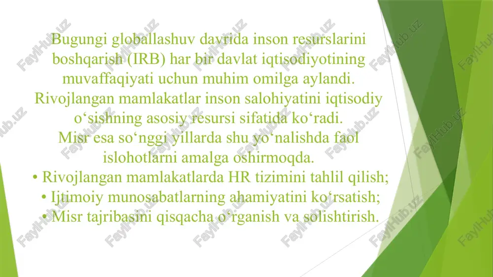 • ish haqi va adolatli baholash tizimi • ijtimoiy himoya (sug‘urta, pensiya, dam olish) yevropa mamlakatlari tajribasi germaniya: • “ishchilar kengashi” orqali xodimlar boshqaruvda qatnashadi. • mehnat sharoitlari qonun bilan qat’iy tartibga solingan. fransiya: • xodimlar uchun majburiy ijtimoiy sug‘urta tizimi mavjud. • mehnat kuni 35 soatdan oshmasligi belgilangan. skandinaviya davlatlari (shvetsiya, norvegiya, finlyandiya): • “work-life balance” (ish va hayot muvozanati) tamoyili asosida ishlanadi. • xodimlar o‘z ish joyini ijtimoiy oila sifatida qabul qiladi. aqsh va yaponiya tajribasi aqsh: • xodim natijasi asosida baholanadi (performance-based system). • katta kompaniyalar har bir xodim uchun individual rivojlanish rejasi (idp) tuzadi. • ijtimoiy mas’uliyat (csr) va teng imkoniyatlar muhim. yaponiya: • “bir umr ish joyi” an’anasi mavjud. • “kaizen” (doimiy takomillashtirish) falsafasi asosida ishlanadi. • kollektiv ruh, sadoqat va jamoaviylik asosiy qadriyat. misol: toyota kompaniyasida har bir xodim ishlab chiqarish jarayonida nuqson topsa, liniyani to‘xtatib, yechim taklif qilish huquqiga ega. rivojlangan davlatlarda ijtimoiy …