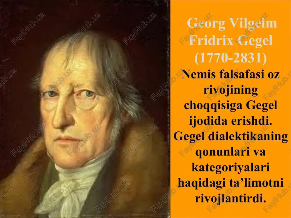 u chegaralangan hududlarda ba’zilar uchungina idrok etilgan.shuning uchun yunon-rim dunyosining davlat tuzumi qullikni inkor etmaydi.tola ozodlik oz ifodasini faqat german xalqlarida topdiki,ular oz tarixiy taraqqiyotlari davomida refomatsiya(diniy islohot) va 1789-yildagi fransuz inqilobini mahsulini meros qilib olib,umumiy fuqarolik va siyosiy ozodlika erishdilar. gegel falsafasi ichki ziddiyatlarga ega.bilish tizimi bir qancha turdagi anglash bosqichlaridan otib,oxirgi bosqich bolgan oz-ozini anglashda tugallanadiki ,uni amalga oshiruvchi narsa gegel falsafasining ozi bolib chiqadi.gegel usuli va tizimi ortasida qarama-qarshilik kelib chiqadi. feyerbax moddiyunchilik nuqtai nazaridan gegel falsafasini jiddiy va har tomonlama tanqid ostiga olgan birinchi faylasufdir. falsafa mavzusini ifodalab ,feyerbax shunday qarorga keladiki,uning diqqat markazida inson turmogi lozim.”yangi falsafa -deb yozadi nemis mutaffakkiri ,-tabiatni ham inson poydevori sifatida qoshgan holda insonni falsafaning yagona ,umumiy va oliy mavzusiga aylantiradi. shundan korinadiki feyerbax moddiyunchiligi antropologik hususiyat kasp etadi.insonni vujudga keltiradigan yagona sabab yoki asos tabiatdir.feyerbax yozadiki,uning ta’limotini ikki ogiz soz bilan ifodalash mumkin tabiat va inson. tabiat abadiy bolib …