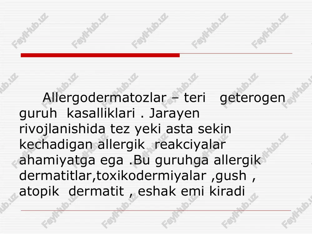 ; 2) tomchili ; 3) scarifikaciyali . tashhis differencial tashhis exema toksidermiya davolash ta’sirotni yuq qilish giposensibilizaciyalanuvchi terapiya mahalliy terapiya toxidermiya organizmga sensibilizaciya hususiyatlariga ega moddalar nafas , parenteral yullari orqali , istemol qilganda kiradi va utkir toxikoallergik teri yalliglanuvchi jarayenga sababchi buladi etiologiya va patogenez sabablar : dori –vositalar oziq ovqat oziq ovqat konservantlari metallik protezlar kontraceptivlar klinik kurinish tarqoq toxidermiya dog urtika papula papulovezikulez toshmalar qichishish eritrodermiya ogiz shilliq qavatida –eritematoz -shishli, gemorragik va bullez –eroziv elementlar klinik kurunish fixaciyalangan toxidermiya : shishgan giperemiyalashgan dumaloq yeki ovalsimon doglar ,markazida pufak bulishi mumkin toxidermiyaning ogir turalri layellning epidermal toxik nekrolizi toxidermiyani davolash fixaciyalangan toxidermiya : sababini yuq qilish mahalliy yalliglanishga qarshi vositalar antiseptik vositalar tarqalgan tohidermiya siydik haydidigan vositalar antigistamin vositalar kortikosteroid gormonlar plazmafarez gemosorbciya mahalliy suyukli chayqatma kortikosteroid malhamlar layell sindromi ogir toxikoallergik kasallik . bemorni hayetini havf ostiga quyadi bu kasallikda epidermisni kuchishi, nekrozi kuzatiladi terida , …