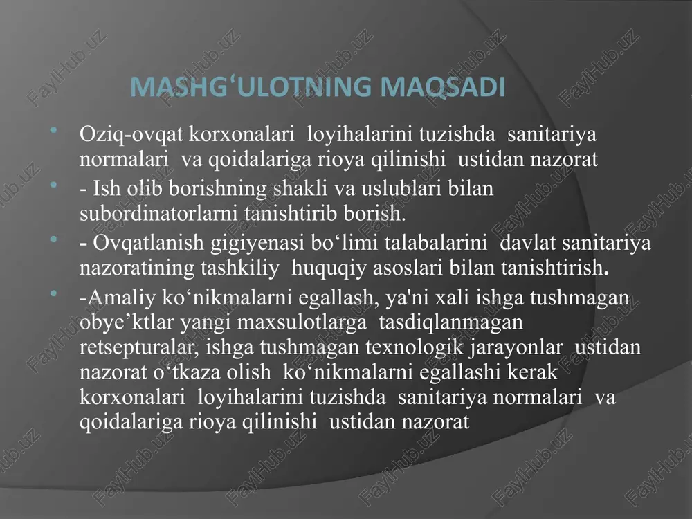 657\12- sonli qonuni asosida olib boriladi. umumiy ovqatlanish korxonalari,savdo korxona lari xamda oziq ovqat sanoati korxonalarida sanitar qoidalari,qarorlari xamda ko‘rsatmalarning bajarilishini nazorat qilish maqsadida sanitar tekshirish o‘tkazishda yordamchilar quyidagi huqularga egadirlar. 1.kerakli xujjatlarni ko‘rsatgan xolda xoxlagan vaqtda obye’ktlarda to‘siqsiz tekshiruv olib borish va topilgan sanitar kamchiliklar bo‘yicha takliflar berishi mumkin. 2.obye’ktni san. epid xolatini aniqlash maqsadida javobgar shaxslardan xamda ayrim fuqarolardan kerakli xujjatlarni talab qilishlari mumkin. 3.oziq ovqat maxsulotlaridan,materiallardan labaratoriya tekshiruvi uchun namuna olish xamda o‘sha joyning o‘zida oziq ovqat moxsulotlarini organaleptik baxolashi mumkin. 4.loyihalarni ekspertiza qilishi mumkin. 5.oziq ovqat maxsulotlarining sifatini, uyushgan aholi guruhining ovqat ratsionlarini labaratoriya nazoratidan o‘tkazishi mumkmn. 6.maxalliy boshqaruv organlari bilan doimiy bog‘langan xolda ish olib borishi mumkin. 7.oziq-ovqat maxsulotlari ishlab chiqarish korxonalarida ishlovchilarning sanitar savodxonligini oshirish bo‘yicha tadbirlar tashkil etishi mumkin. 8.ovqatlanish gigiyenasi bo‘yicha ishlovchi vrachlar boshqa soha mutaxasislari bilan kompleks ishlarini tashkil etishi mumkin. sanitar vrachlar tomonidan qo‘yilgan talablarning samaradorligi aniq bajarilishiga bog‘liq.agar qo‘yilgan …