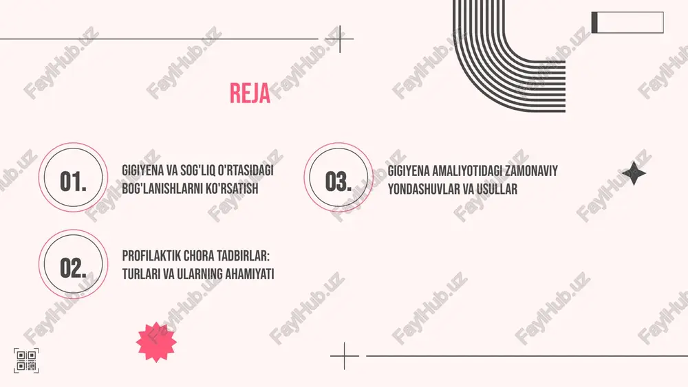 eri muammolariga olib kelishi mumkin. ushbu kasalliklar nafaqat shaxsiy salomatlikka, balki jamoat salomatligiga ham salbiy ta'sir ko'rsatadi. misollar o'zbekistonda so'nggi yillarda norasmiy raqamlarga ko'ra, ichki infeksiyalar va oshqozon-ichak kasalliklari gigiyena qoidalariga rioya etmaslik natijasida ko'paygan. 2020 yilda 100,000 aholi uchun 250 dan ortiq ichak infeksiyalari ro'yxatga olingan. bularning barchasi gigiyena qoidalariga qat'iy rioya qilmaslik natijasida yuzaga keladi. statistik ma'lumotlar statistik ma'lumotlarga ko'ra, 2021 yilda o'zbekistonda 20% odamlar gigiyena qoidalariga rioya qilmaslikdan kelib chiqadigan kasalliklardan aziyat chekdilar. bu holat nafaqat shaxsiy salomatlikni, balki iqtisodiy jihatdan ham jiddiy oqibatlarga olib keladi, chunki kasalliklar sababli ishga chiqmaslik va sog'liqni saqlash xarajatlari oshadi. profilaktik chora-tadbirlar gigiyena bo'yicha profilaktik chora-tadbirlar inson salomatligini saqlash va kasalliklarning oldini olishda muhim rol o'ynaydi. quyidagi tadbirlar umumiy gigiyenani ta'minlashda muhim ahamiyatga ega: - shaxsiy gigiyena qoidalariga rioya qilish (qo'l yuvish, toza kiyimlar). - sanitariya va epidemiologik nazorat (yuqori sanitariya sharoitlarini ta'minlash). - oziq-ovqat xavfsizligini ta'minlash (to'g'ri saqlash va tayyorlash). …