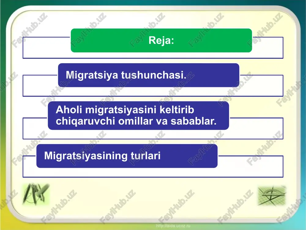 mehnati va dam olish migratsiyalari, mayatniksimon – ertalab ishga borish va kechqurun qaytish migratsiyasi, vaxtalik – ya’ni navbatchilik bilan o‘tadigan ishlarga xos migratsiyalarga bo‘linadi. migratsiya vaqti doimiy (qaytmas) vaqtinchalik mayatniksimon mavsumiy vaxtalik (navbatchilik) migratsiya sabablari migratsiya sabablari – iqtisodiy – kishini tirikchilik o‘tkazish uchun qulay joyga ko‘chib o‘tish yoki borib mehnat qilishga majbur qiladigan sabablar; siyosiy – kishining siyosiy qarashlari mamlakatdagi tuzumga mos kelmasligi sababli hududdan chiqib ketishi; diniy – kishining diniy e’tiqodi ortidan ushbu e’tiqodga amal qilish uchun qulay joy axtarishi yoki e’tiqodi aqidalariga amal qilib bir joydan ikkinchi joyga butunlay yoki vaqtincha ko‘chishi. masalan; ziyoratchilik; oilaviy maishiy – turli mamlakat fuqarolarining oila qurishi, o‘z ajdodlari vataniga qaytishi va h.k; tabiiy – tabiiy sharoitning turli o‘zgarishlari, tabiiy ofatlar yoki iqlimning sog‘liqqa to‘g‘ri kelmasligi va to‘g‘ri kelishiga mos ravishda ko‘chish. kabilardir. migratsiya sabablari iqtisodiy siyosiy tabiiy diniy oilaviy-maishiy migratsiya shakllari migratsiya shakllari – ixtiyoriy yoki majburiy bo‘lishi mumkin. ixtiyoriy migratsiya …