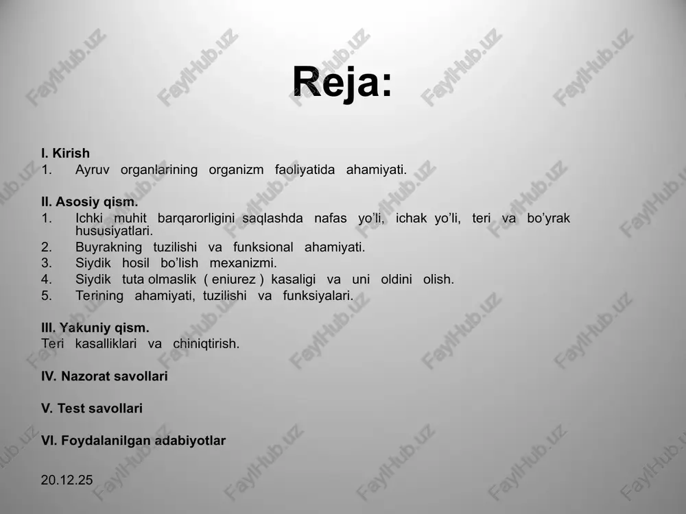 uhit suyuqliklarining hajm muvozanagini saqlash. qonda miqdori ortib ketgan organik moddalarning ortiqchasini chiarib tashlashda. bu suyuqliklarni osmatik muvozanatini saqlashda. oqsil, yog’ va uglevodlar almashinuvida. kislota – asos muvozanatini saqlashda. qon bosimi, eritrositlarning hosil bo’lishi, qonning ivishi buyrak bolalarda kattalardagiga qaraganda pastroqda turadi, shunda ham o'ng buyrak chap buyrakka qaraganda sal pastroqqa joylashgan. buyrak tuzilishiga ko'ra loviyaga o'xshaydi. buyrak kesib ko’riladigan bo’lsa, unda ikki qavat borligi ko'zga tashlanadi: tashqi – pastolok qavati va ichki – miya ( mag'iz ) qavati borligi ko'zga tashlanadi. buyrak strukturasi nefronlar deb ataladngan juda mayda, mikroskop tuzilishiga ega bo’lgan. siydik hosil bo’lishida mustakil katnashuvchi murakkab tuzilmalardan iborat. nefron buyrak tuzilishining funksional birligi bo’lib, bir necha qismlardan iborat bo’ladi. * buyrakning past qavatida shumlyanskiy kapsulasi bo’ladi. bu kapsula qo'shaloq devorli nixoyatda kichik ( mikroskopik ) kosachadan iborat. kosacha devorlari bir qavat xujayralardan tuzilgan. kapsulardan kanalcha boshlanadi, bu kanalcha buralib – buralib mag'iz qavatiga tushadi. kanalchaning ana shu …