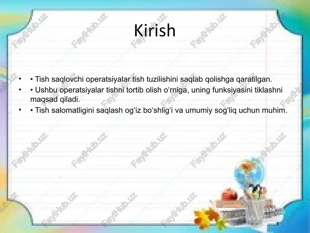 kning kalitidir. savollar va javoblar • tinglovchilar savollarini qabul qilish. • tushunmovchiliklarni aniqlashtirish va muhokama. • qo‘shimcha ma’lumotlar berish. image1.jpg /docprops/thumbnail.jpeg tish saglovchi operatsiyalar: ko'rsatmalar va qarshi ko'rsatmmalar