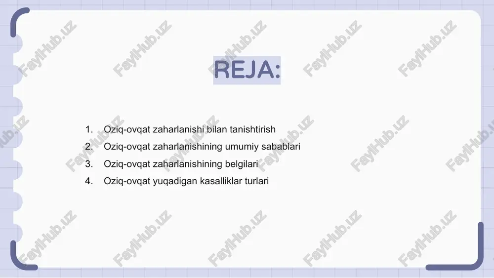 natijasida yuzaga keladigan keng tarqalgan muammo. alomatlar orasida ko'ngil aynishi, qusish, oshqozon kramplari va diareya mavjud. oldini olish usullari ovqatdan oldin qo'l yuvish, ovqatni yaxshilab pishirish va tez buziladigan narsalarni tegishli haroratda saqlashni o'z ichiga oladi. oziq-ovqat zaharlanishi alomatlarini sezsangiz, suvsizlanish va asoratlarni oldini olish uchun darhol shifokorga murojaat qiling. tiklanishga yordam berish uchun nam bo'ling va dam oling. oziq-ovqat yuqadigan kasalliklar turlari oziq-ovqat zaharlanishi kontaminatsiyalangan ovqatni iste'mol qilish natijasida yuzaga keladi, bu ko'ngil aynish, qusish va diareya kabi belgilarga olib keladi. oziq-ovqat yuqadigan kasalliklarning keng tarqalgan turlariga salmonellalar, e. coli va norovirus kiradi. profilaktika choralari oziq-ovqat mahsulotlarini to'g'ri ishlatish, saqlash va pishirish usullarini o'z ichiga oladi. oshxonada o'zaro kontaminatsiyani oldini olish va tozalikni ta'minlash oziq-ovqat yuqadigan kasalliklar xavfini kamaytirishda juda muhimdir. tez buziladigan oziq-ovqatlarni zudlik bilan muzlatgichga qo'yish, go'shtni yaxshilab pishirish, meva va sabzavotlarni iste'mol qilishdan oldin yuvish muhimdir. yaxshi gigiena qoidalariga rioya qilish oziq-ovqat zaharlanishining oldini olishga yordam …