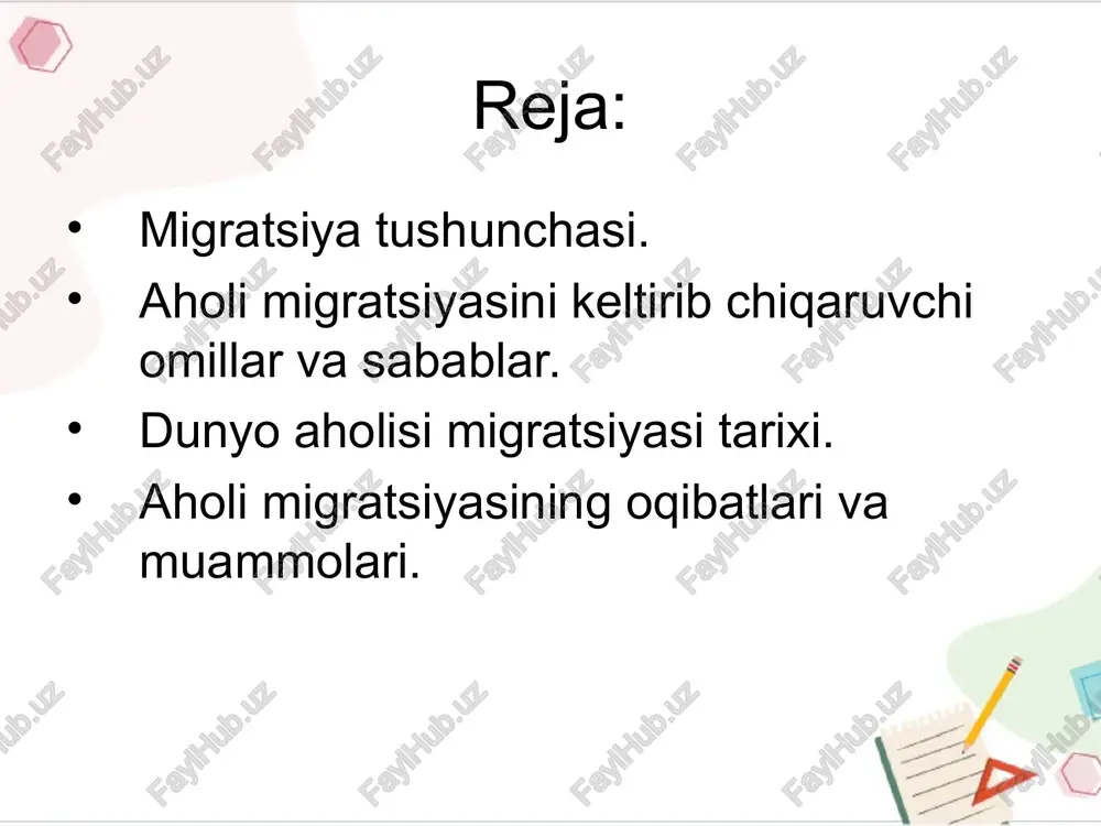 ri reemigrantlar deyiladi. turli mamlakatlarda bu atamalar nisbiydir. migratsiya masshtabi migratsiya miqyosi (masshtabi) - migratsiyaning hududiy tavsifini beradi va miqyosiga ko‘ra tashqi (xalqaro) hamda ichki (rayonlararo) migratsiyalar ajratiladi. tashqi migratsiya qit’alararo va qit’a ichida mamlakatlararo sodir bo‘ladi. ichki migratsiya esa rayonlararo, rayon ichida shuningdek shahar va qishloq o‘rtasida sodir bo‘lishi mumkin. migratsiya masshtabi tashqi ichki qit;alararo qit’a ichida rayonlararo rayon ichida shahar va qishloq o‘rtasida migratsiya vaqti migratsiya vaqti - doimiy (qaytmas) yoki vaqtinchalik migratsiyalar ajratiladi. vaqtinchalik migratsiya o‘z navbatida mavsumiy – turli mavsumlarga mos mehnati va dam olish migratsiyalari, mayatniksimon – ertalab ishga borish va kechqurun qaytish migratsiyasi, vaxtalik – ya’ni navbatchilik bilan o‘tadigan ishlarga xos migratsiyalarga bo‘linadi. migratsiya vaqti doimiy (qaytmas) vaqtinchalik mayatniksimon mavsumiy vaxtalik (navbatchilik) migratsiya sabablari migratsiya sabablari – iqtisodiy – kishini tirikchilik o‘tkazish uchun qulay joyga ko‘chib o‘tish yoki borib mehnat qilishga majbur qiladigan sabablar; siyosiy – kishining siyosiy qarashlari mamlakatdagi tuzumga mos kelmasligi sababli …