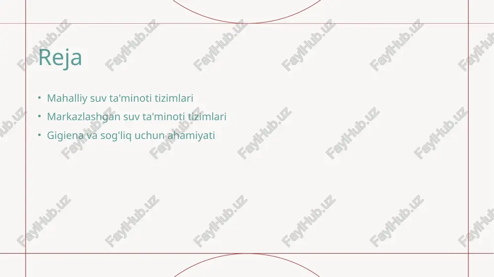 shga yordam beradi. sog'liq va gigiena toza suv ta'minoti gigiena me'yorlarini ta'minlaydi, infeksion kasalliklarning tarqalishini oldini olishda va aholi salomatligini yaxshilashda muhim rol o'ynaydi. ijtimoiy ta'sir mahalliy suv tizimlari aholi o'rtasida sanitariya madaniyatini shakllantiradi, jamiyat salomatligi va farovonligiga ijobiy ta'sir ko'rsatadi, ijtimoiy barqarorlikni ta'minlaydi. markazlashgan suv ta'minoti tizimlarining asosiy xususiyatlari va tuzilishi. 1 markazlashgan tizimlar markazlashgan suv ta'minoti tizimlari, katta aholi punktlariga xizmat ko'rsatish uchun mo'ljallangan, keng ko'lamli infratuzilma va resurslarni talab qiladi. 2 tuzilishi va elementi ushbu tizimlar suv manbalaridan, tozalash inshootlaridan, transport tarmoqlaridan va taqsimot punktlaridan iborat bo'lib, ularning samaradorligi sanitariya uchun muhimdir. 3 ijtimoiy ahamiyati markazlashgan suv ta'minoti tizimlari jamoat salomatligini saqlash, gigiena darajasini oshirish va oziq-ovqat xavfsizligini ta'minlashda muhim rol o'ynaydi. markazlashgan suv ta'minoti tizimlarining ekologik va ijtimoiy ta'siri. 1 ekologik ta'sir markazlashgan suv ta'minoti tizimlari suv resurslarini boshqarishda samarali bo'lib, suvning toza va ifloslanishdan saqlanishini ta'minlaydi. 2 ijtimoiy ta'sir ushbu tizimlar jamoalarning sanitariya sharoitlarini yaxshilaydi, …
