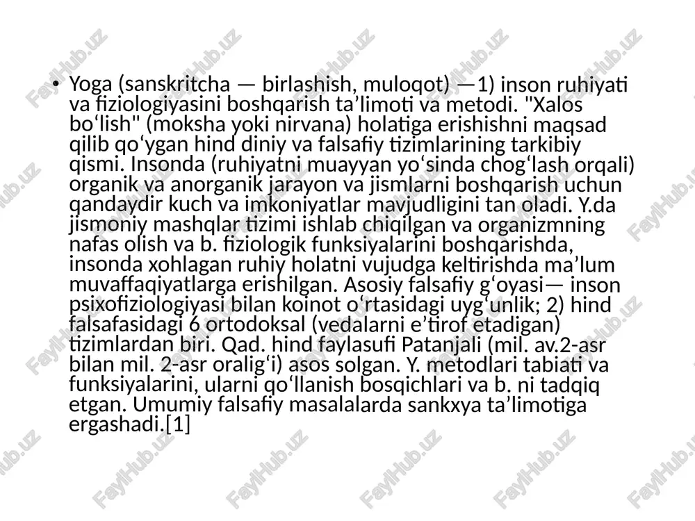 poydevor yaratdi va bo‘lajak amaliyotchilar uchun qo‘llanma bo‘ldi. 2.1 klassik yoga davri klassik yoga davri taxminan miloddan avvalgi 300 yildan 300 yilgacha yoga rivojlanishining birinchi bosqichini anglatadi. bu davrda yoga asta-sekin diniy va falsafiy tizimlardan ajralib, mustaqil amaliyotni shakllantirdi. yoga ustalari yoga bilimlarini tashkil etish va tarqatishni boshladilar, bu esa turli maktablar va an'analarning shakllanishiga olib keldi. ular orasida hatha yoga klassik yoganing eng vakili bo'lib, uyg'unlikka erishish uchun duruş amaliyoti va nafasni nazorat qilish orqali tana va ong o'rtasidagi bog'liqlikni ta'kidlaydi. 2.2 hindistonda yoga tarqalishi yoga tizimi rivojlanishda davom etar ekan, u hindiston bo'ylab keng tarqala boshladi. hinduizm va buddizm kabi dinlar ta'sirida yoga asta-sekin umumiy amaliyotga aylandi. shuningdek, u nepal va shri-lanka kabi qo'shni mamlakatlarga tarqalib, mahalliy madaniyatlarga chuqur ta'sir ko'rsatdi 2.3 yoganing g'arbga kirishi 19-asr oxiri va 20-asr boshlarida yoga gʻarb mamlakatlariga kiritila boshlandi. dastlab u sharq tasavvufining vakili sifatida qaralgan. biroq, odamlarning aqliy va jismoniy sog'likka …