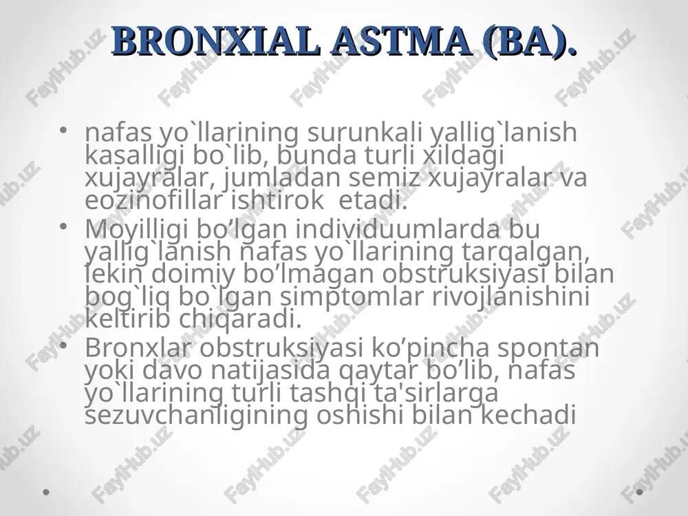 gilari, shilliq qavatining shishi, shilliq tiqin, silliq mushaklar giperplaziyasi, bazal membrana qalinlashishi va dezorganizasiyasi aniqlanadi. bronxial astmada endobronxial biopsiyada bronx epiteliysining ko’chishi, shilliq qavat eozinofil infiltrasiyasi ko`riladi. bronxlar yuvindi suvida ko`p miqdorda epitelial, semiz xujayralar, eozinofillar va limfositlar topiladi. klinika shikoyatlar va anamnez ekspirator xansirash va/yoki yo`tal xurujlari masofadan xushtaksimon xirillashlar eshitilishi ko`krak qafasida og`irlik xissi ob’ektiv ekspirator xansirash burun kataklarini nafas olganda kengayishi quzg`alish nafas aktida qo`shimcha mushaklar ishtiroki majburiy xolat perkussiyada: emfizema shakllanganda qutisimon perkutor tovush auskultasiyada: qurug` xushtaksimon va g`o`ngillovchi xirillashlar xamda nafas chiqarish fazasining uzayishi ba diagnostikasi va og`irlik darajasini aniqlash qaytalanuvchi xirillashlar epizodlari kechasi va erta tongda iztirobli yo`tal va xirillashlar jismoniy zo`riqishdan so`ng yo`tal va xirillashlar allergen yoki pollyutantlar bilan kontaktdan keyin yo`tal, xirillashlar yoki ko`krak qafasida og`irlik his qilish tumov, keyinchalik «ko`krakka tushadi» yoki 10 kundan ortiq davom etadi astmaga qarshi dorilar qabul qiladimi agar qabul qilsa, qancha vaqt oralig`ida mkoniyat bo`lsa nafas …