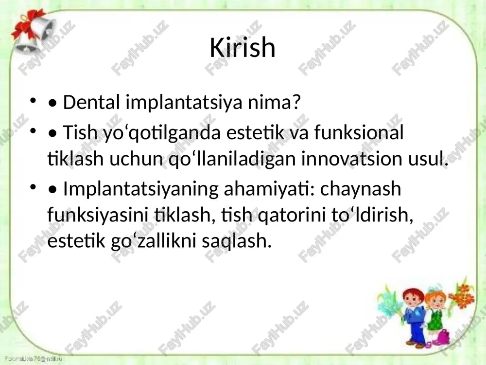 samarali usul. • bemorlar uchun individual ko‘rsatmalarni hisobga olish muhim. • sog‘lom tish go‘shti va suyak – muvaffaqiyat kaliti. image1.jpg /docprops/thumbnail.jpeg dental implantatsiyaga ko'rsatma va qarshi ko'rsatmalar ue