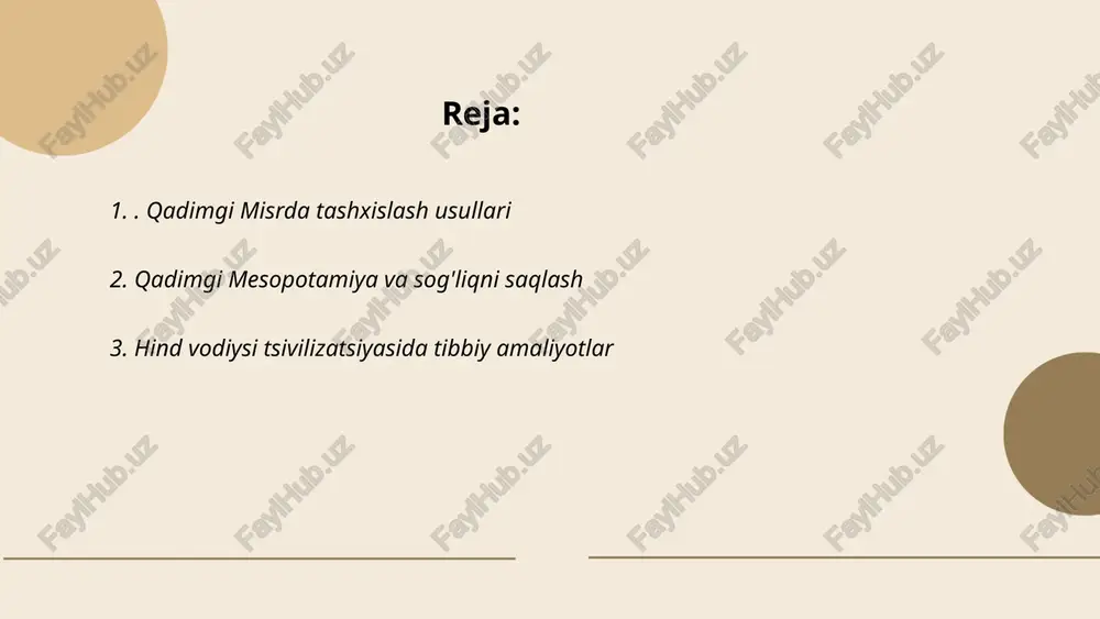 mumkin. senet va ahq laoqush kabi shaklar boshqa madaniyatlarga ham ta'sir o'tkazgan. ... t.me/slaydai_bot hind vodiysi tsivilizatsiyasida tibbiyot amaliyotlari miloddan avvalgi 2500-1900-yillarda rivojlandi. ushbu davrda turli tibbiy amaliyotlar qo'llanilgan bo'lib, asosan o'simliklardan tayyorlangan dorilar ishlatilgan. mohenjo-daro va harappa xarobalarida topilgan qurollar va asboblar tibbiy jarayonlar o'tkazilganidan darak beradi. tish kasalliklarini davolash uchun murakkab usullar qo'llanilganini topilgan inson qoldiqlari tasdiqlaydi. arxeologlar tomonidan topilgan sopol lavhalarda tibbiy jarayonlar tasvirlangan. hind vodiysi tsivilizatsiyasi davridagi anatomiya va jarrohlik texnikasi zamonasiga nisbatan rivojlangan edi. shu davrda o'simliklar, yog'lar va massaj usullari tez-tez ishlatilgan. shuningdek, kasalliklarni aniqlash va davolashda ilg'or usullar qo'llanilganligi qayd etiladi. bu ma'lumotlar ushbu davrdagi tibbiyot rivoji haqida tasavvur beradi. ... t.me/slaydai_bot 4. qadimgi xitoyda an'anaviy tibbiyot va tashxis qadimgi xitoyda an'anaviy tibbiyot juda rivojlangan bo'lib, uning asosi miloddan avvalgi 3000-yillarga borib taqaladi. tashxis qo'yishda shifokorlar beshta muhim omilga e'tibor berishgan: tomir urishi, ko'rinish, eshitish va hid bilish, savollar berish va teginish. omillar …