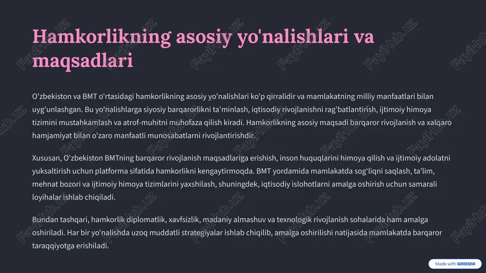 ari siyosiy sohada o'zbekiston bmt bilan faol hamkorlik olib boradi, bu esa mamlakatning xalqaro maydondagi o'rnini mustahkamlashga xizmat qiladi. o'zbekiston bmtning bosh assambleyasi, xavfsizlik kengashi kabi asosiy organlarida faol ishtirok etib, global masalalarda o'z nuqtai nazarini bildirib kelmoqda. shuningdek, tinchlikparvar tashabbuslarni ilgari surish, mintaqaviy xavfsizlikni ta'minlash va terrorizm, ekstremizmga qarshi kurashishda hamkorlik qilishda o'zini faol tutmoqda. o'zbekiston bmt vositasida xalqaro me'yor va qoidalar asosida muloqot, muzokaralar va harakatlarni muvofiqlashtirishga katta e'tibor qaratadi. diplomatik aloqalar va hamkorlik shuningdek inson huquqlari himoyasi, demokratik institutlarni rivojlantirish va qonun ustuvorligini ta’minlash sohalarida ham o'z aksini topmoqda. bu esa mamlakat siyosiy tizimini yanada mustahkamlashga va ichki hamda tashqi ishonchni oshirishga xizmat qiladi. 3 iqtisodiy sohada hamkorlik: loyihalar va dasturlar iqtisodiy sohada o'zbekiston va bmt o'rtasidagi hamkorlik investitsiyalarni jalb qilish, iqtisodiy diversifikatsiya va barqaror o'sishni ta'minlashga qaratilgan. bmtning taraqqiyot dasturi (undp) va xalqaro savdo markazi (itc) orqali bir qator iqtisodiy rivojlanish loyihalari amalga oshirilmoqda. ushbu loyihalarda …