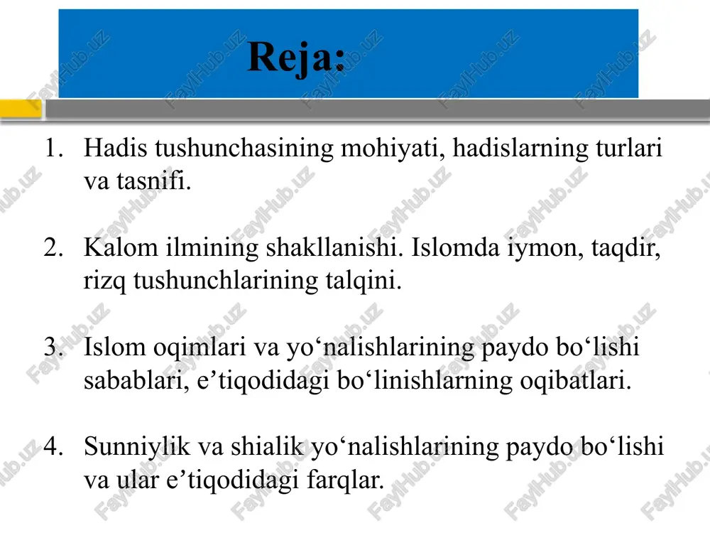 ro‘ga ega bo‘lgan imom al-buxoriy va imom muslimning (vaf. 261/875) «al-jomi’ as-sahih» to‘plamlari, undan keyingi eng muhim asarlar – abu dovud, at-termiziy (vaf. 279/892 y.), an-nasoiy (vaf. 303/915 y.) va ibn mojjaning (vaf. 273/886) «as-sunan» asarlaridir. «al-jomi’ as-sahih» kitoblari o‘z ichiga biografik ma’lumotlar, qur’on oyatlariga tafsirlar, diniy qonun-qoidalar, ijtimoiy va shaxsiy axloq mezonlarini ham qamrab oldi. «al-jomi’ as-sahih»ning ishonchlilik darajasi boshqa to‘plamlardan ko‘ra ancha yuqori hisoblanadi. : hadis ilmi rivojiga katta hissa qo’shgan vatandoshimiz bu imom al-buxoriydir. imom al-buxoriydan boy va qimmatli 20 dan ortiq asar qolgan. ularning ichida “al-jome as-sahih” eng mashhuridir. “al-jome as-sahih” asariga 7275 ta hadis kiritilgan. hadisda inson imoni mukammal bo‘lmog‘ining 3 sharti haqida bunday deyilgan: to‘g‘ri e’tiqodli bo‘lish; kishilar bilan yaxshi munosabatda bo‘lish; kishi o‘z ustida ishlamog‘i va o‘zini ibodat hamd toatda chiniqtirmog‘i lozim. 1998-yil oktabrda “al-jome as-sahih” kitobi ilk bor o‘zbek tilida nashr etilib, kitobxonlarga taqdim etildi. “kalom” so‘zi arab tilida gap, suhbat, til, …