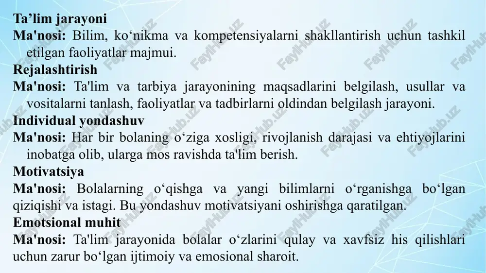 shini ta'minlashga yordam beradi. shaxsga yo‘naltirilgan yondashuv asosida ta’lim va tarbiya jarayonini rejalashtirish. rejalashtirish davlat o‘quv dasturini amalga oshirish va har bir bolada tayanch kompetensiyalarni shakllantirishni ta’minlashning muhim qismidir. ta’lim va tarbiya jarayoni o‘quv rejasiga muvofiq amalga oshiriladi. rejalashtirish – o‘quv dasturini yaratish va qo‘llash jarayonining muhim qismi. o‘quv rejasi nima? o‘quv rejasi - bu pedagoglarga bolaning sog‘lig‘i va xavfsizligini ta'minlagan holda, davlat talablariga erishish, rivojlanishning asosiy va barcha sohalaridagi bolaning vakolatlarini ta’minlashga qaratilgan ta’lim faoliyatini amalga oshirishga imkon beradigan tashkillashtirilgan va tuzilgan hujjatdir. o‘quv rejasini tuzishda bolaning yoshi va individual rivojlanish xususiyatlarini e’tiborga olish kerak. o‘quv rejasi guruhning taxminiy kun tartibiga muvofiq har xil turdagi ta’lim va tarbiya jarayonining xilma-xil va oqilona almashinuvini ta'minlashga qaratilgan bo‘lib, unda pedagog tomonidan bolalarning tanlovi va manfaatlarini hisobga olgan holda kundalik mashg‘ulotlar, bolalar o‘yinlari, mavzuli loyiha faoliyati, bo‘sh vaqt va boshqa turdagi o‘quv mashg‘ulotlari rejalashtirilgan. kun tartibi nima uchun kerak? kun tartibi ish …